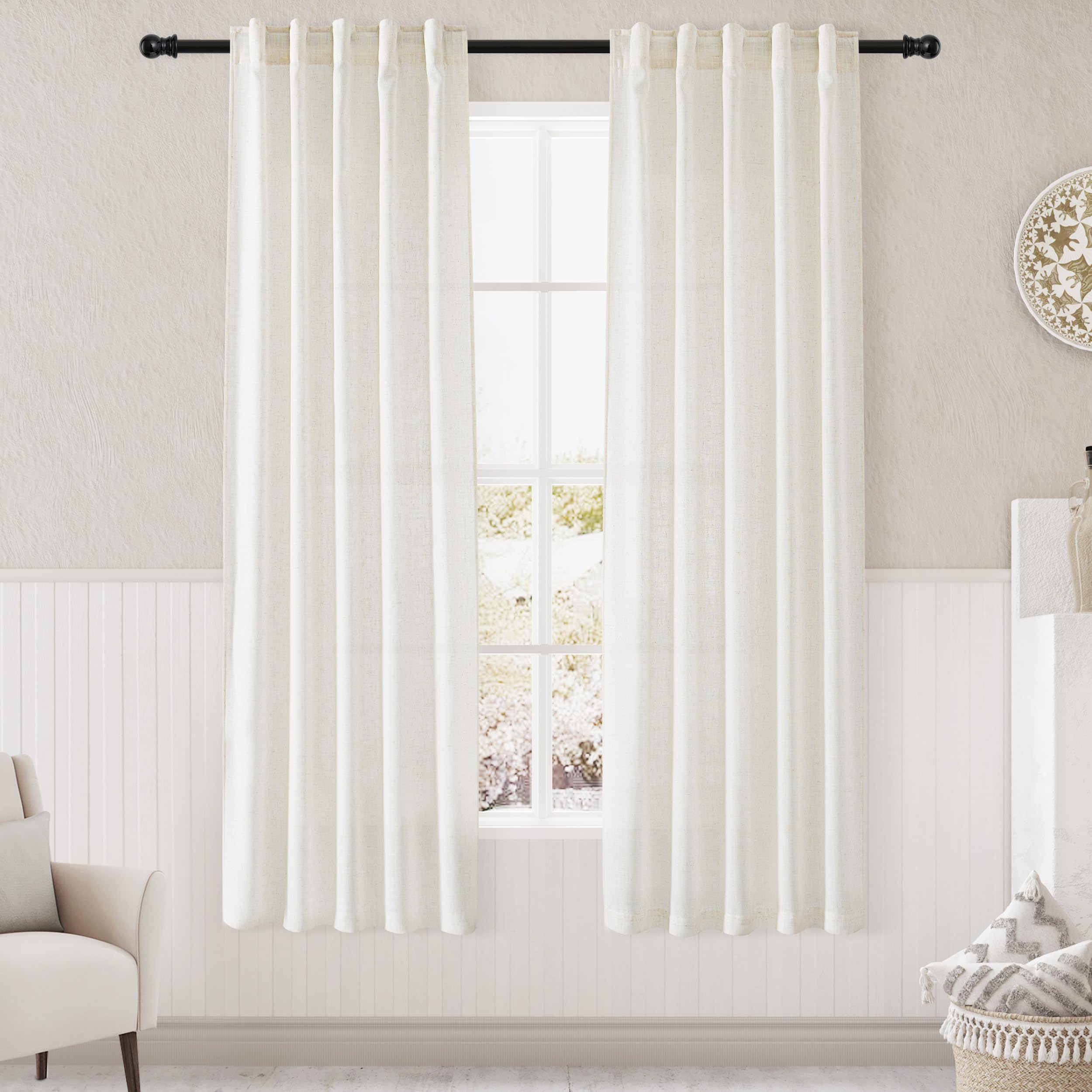 Natural Linen Curtains 72 inches Long for Bedroom Thermal Insulating Privacy Light Filtering 2 Panels Set Back Tab Drapes for Li