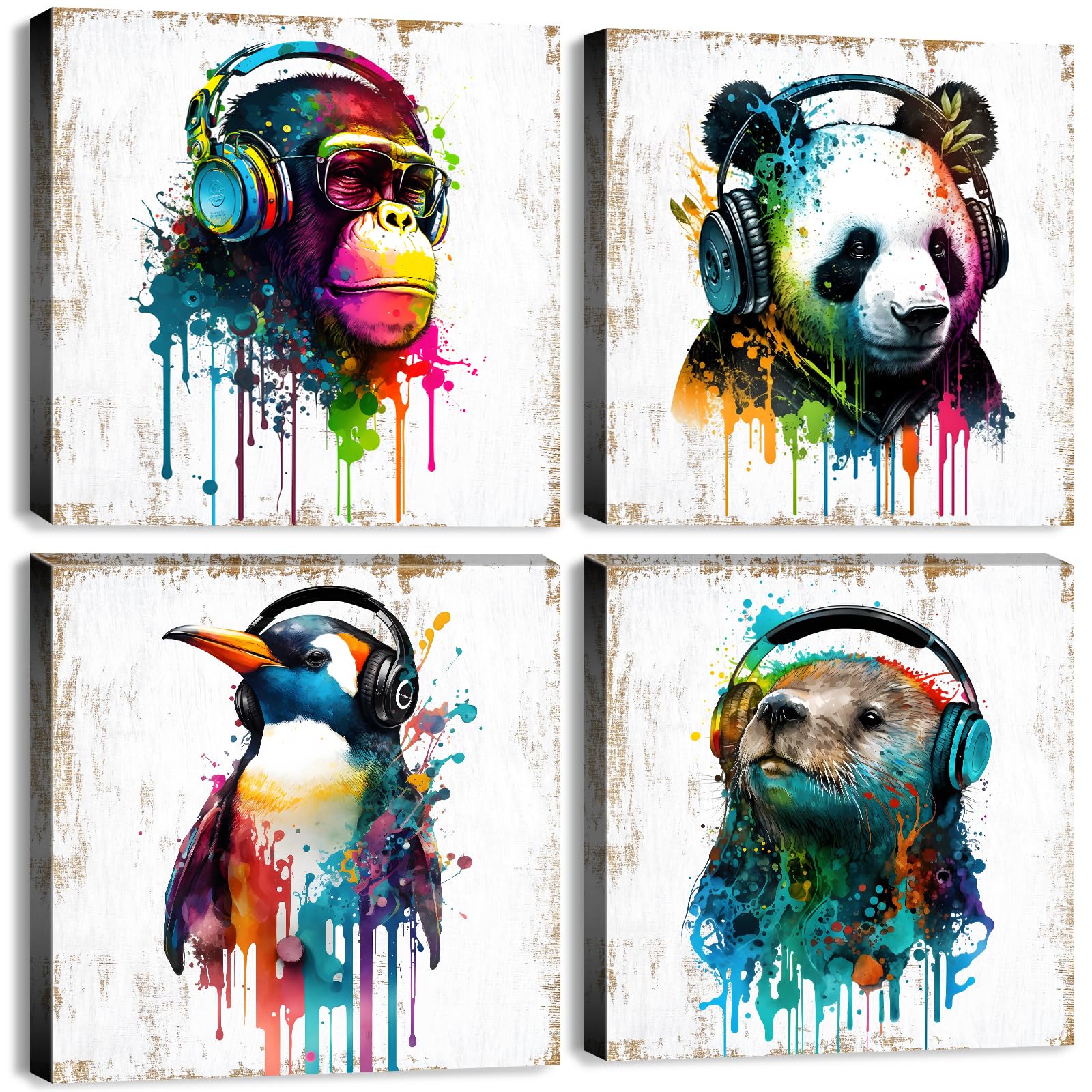 Colorful Animal Wall Art Funny Cute Bear Monkey With Headphone Canvas Prints Pictures Nursery Room Decor Cartoon Penguin Panda P