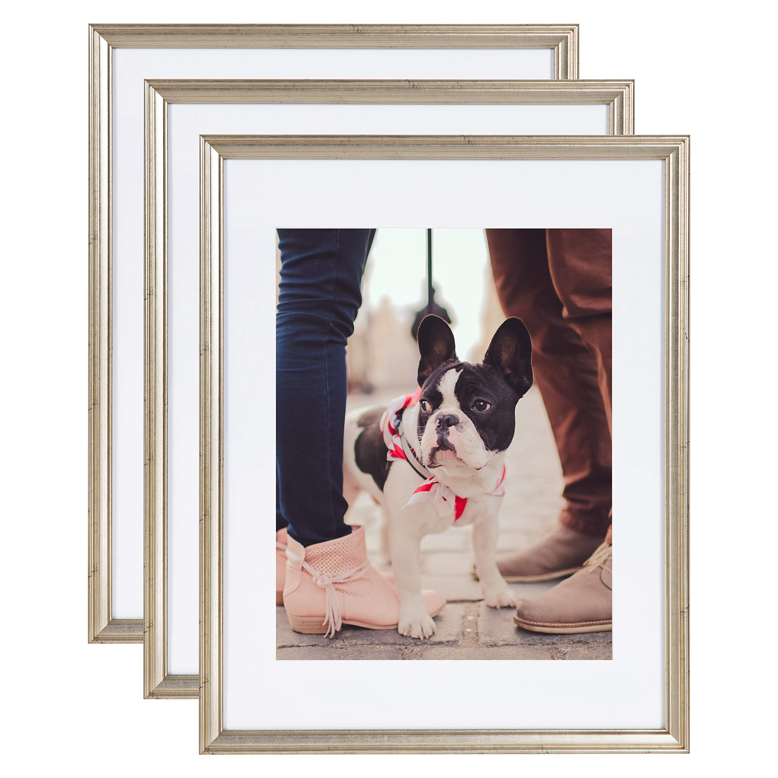 Kate and Laurel Adlynn Wall Picture Frame Set, 14 x 18 matted to 11 x 14, Warm Silver, Set of 3