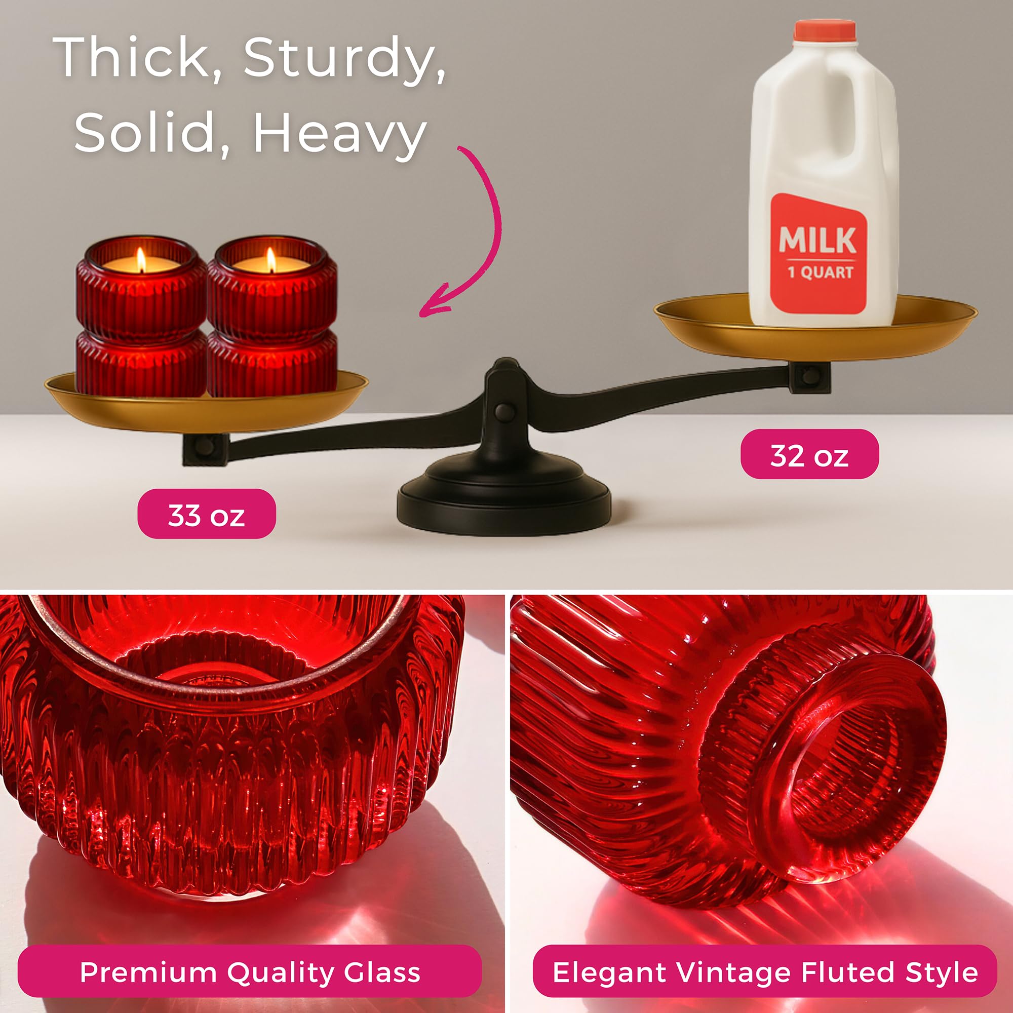 Kate Aspen Red Ribbed Taper Candle Holders for Candlesticks Set of 4, Candlestick Holders, Votive Candle Holder Decor, Red Kitch