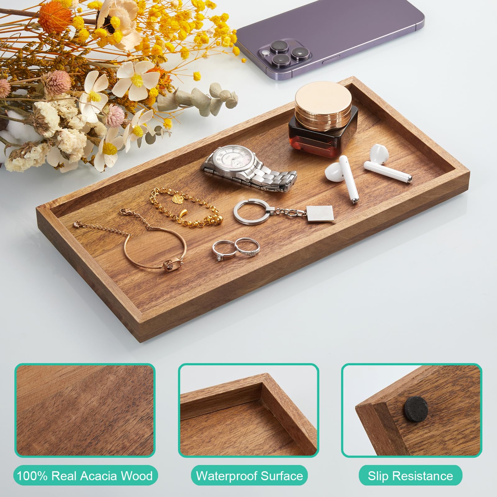 Alelion 11.7'' Bathroom Vanity Tray For Counter - Acacia Wood Decorative Tray For Toilet Tank Makeup Perfume Jewelry Catchall Co