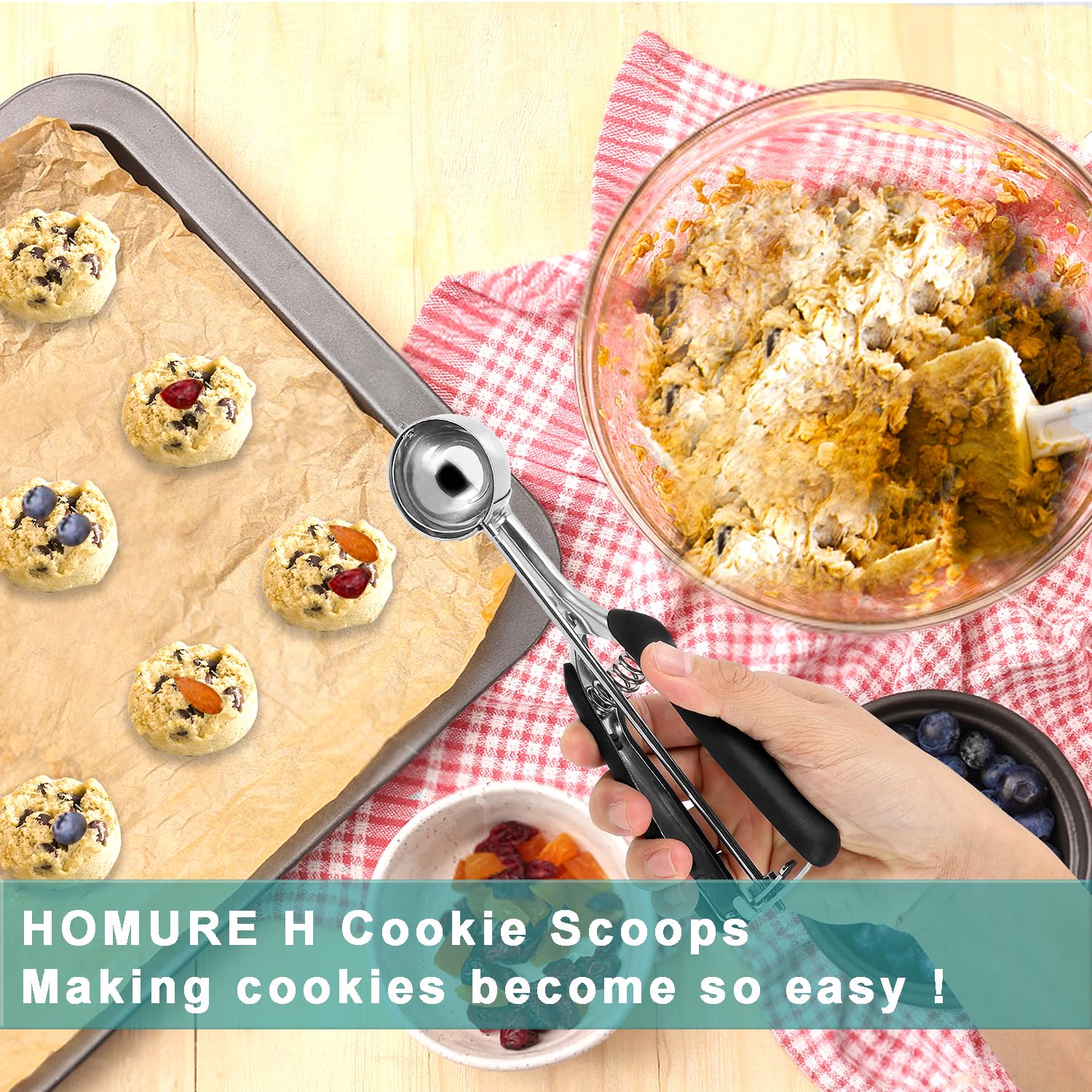 Homure H Cookie Scoop Set - Include 1 Tbsp/ 2 Tbsp/ 3Tbsp - 3 Pcs Cookie Scoops For Baking - Cookie Dough Scoop - Made Of 18/8 S