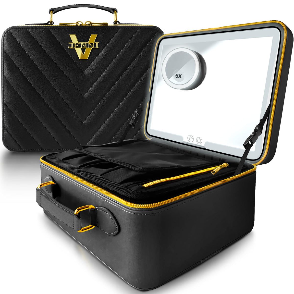 Jenni V Upscale Pu Leather Makeup Bag With Light Up Mirror, 3 Brightness Settings, Adjustable Dividers - Replace Your Bulky Vani