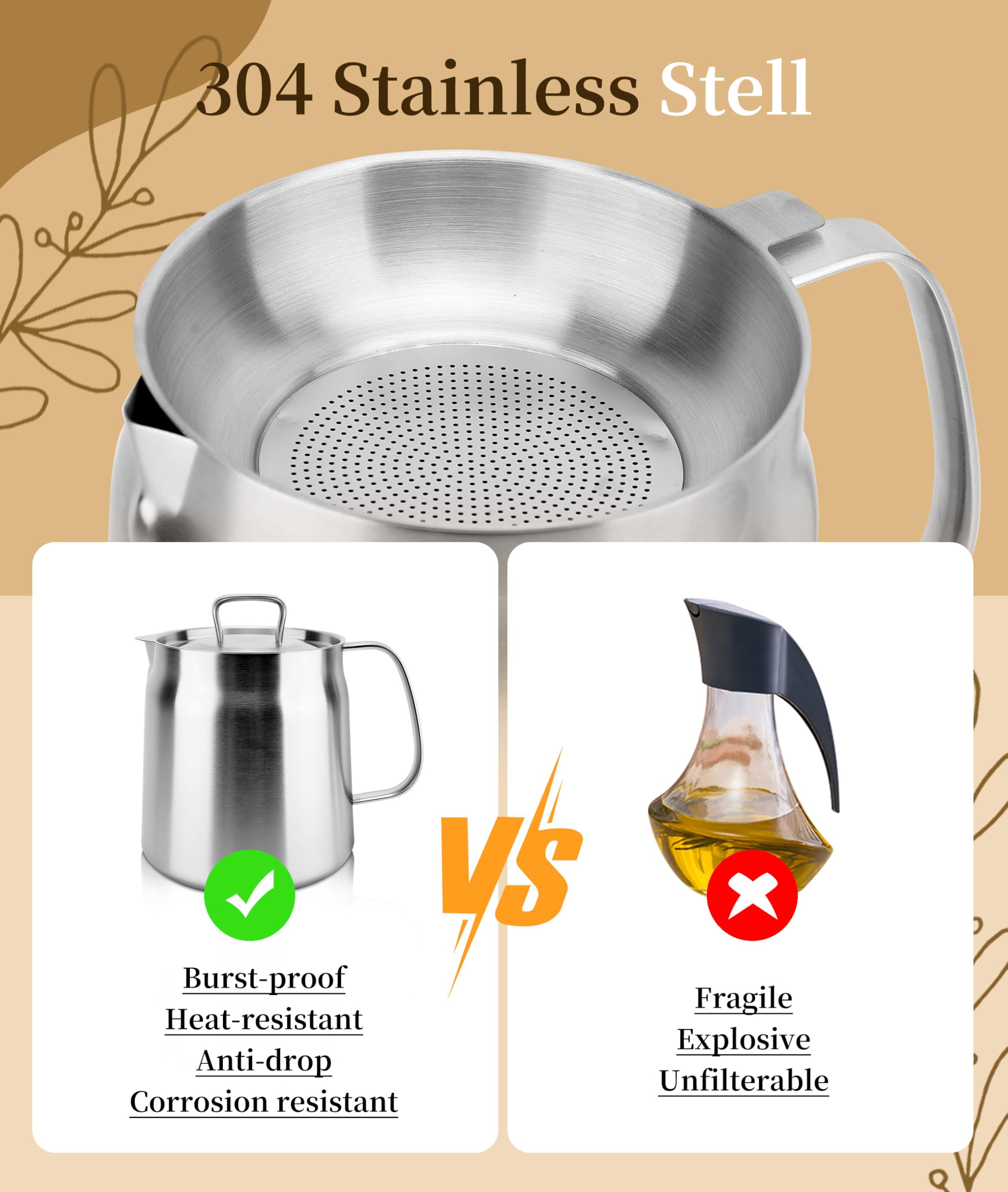 68Oz 304 Stainless Steel Oil Filter Pot, Large Capacity Oil Fryer And Filter Cup Combo, Multi Functional Oil Filter, Kitchen Str