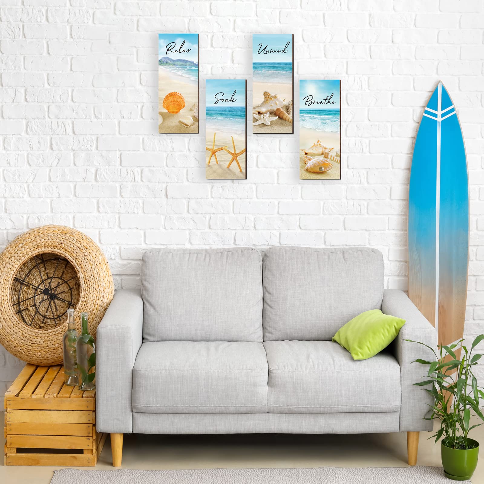 4 Pieces Beach Bathroom Decor Ocean Beach Wall Decors Relax Soak Unwind Breathe Blue Wall Art Hanging Sign Seashell Starfish Woo