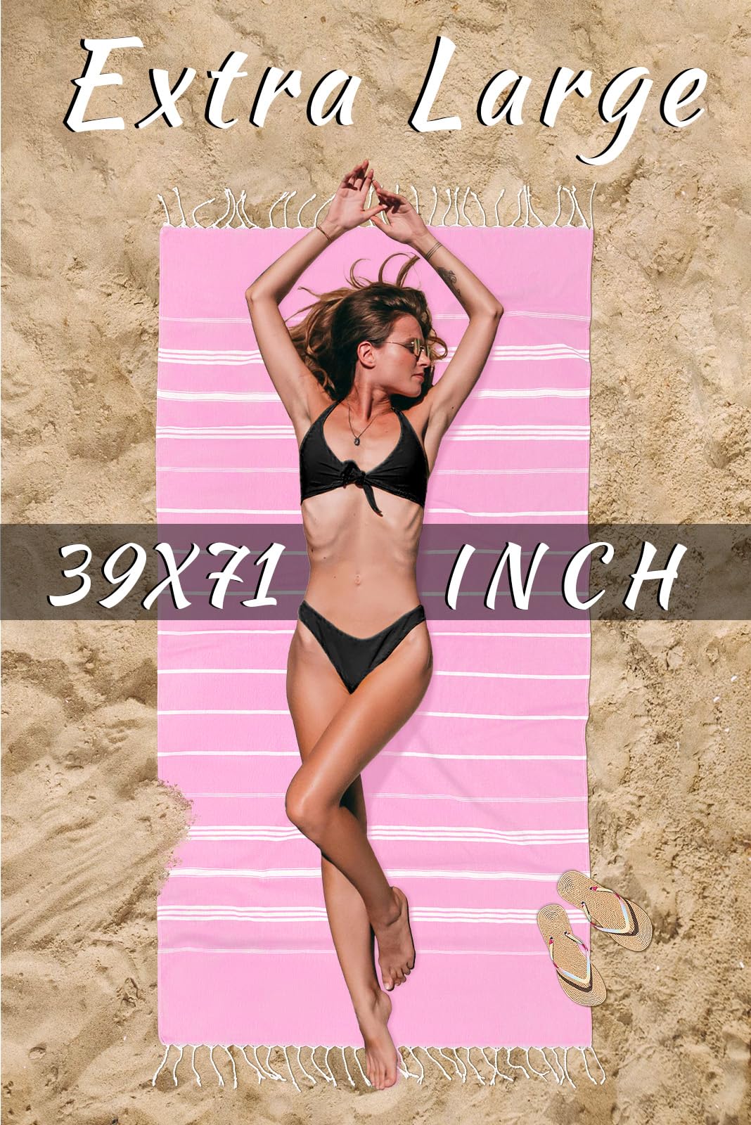 Cabanana Cotton Turkish Beach Towel - Large 39 X 71 Inch Lightweight Oversized Peshtemal Towel, Prewashed Hammam Towel (Light Pi