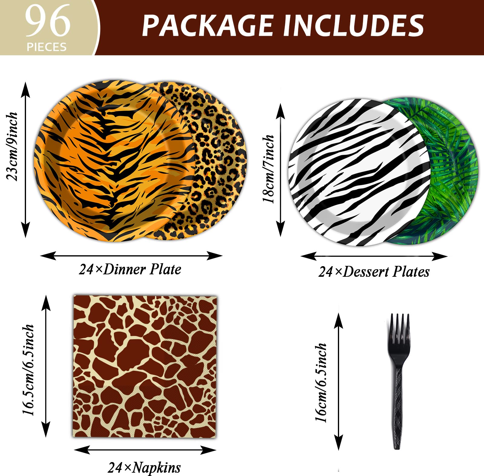 96 Pcs Zoo Animal Safari Print Party Plates and Napkins Party Supplies Animal Print Themed Party Tableware Set Jungle Party Decorations Favors for Kids' Baby's Birthday Baby Shower Serves 24