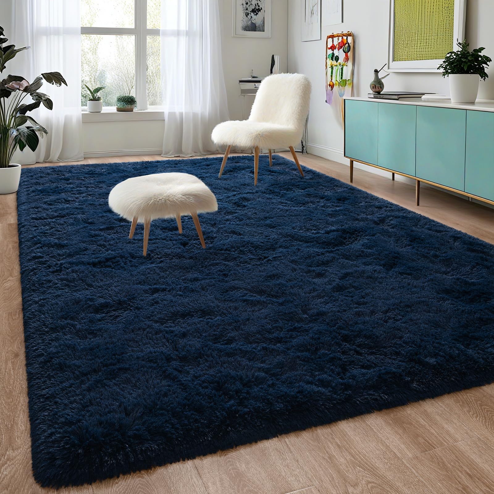 DweIke Super Soft Shaggy Rugs Fluffy Carpets, 3x5 ft, Navy Blue Area Rug for Living Room Bedroom Girls Kids Room Nursery Home De
