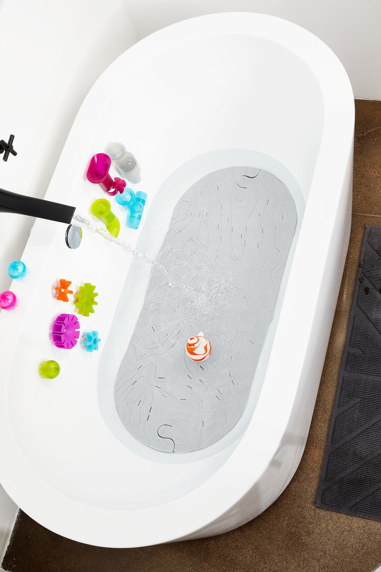 Boon Griffle Textured Non Slip Baby Bath Tub Mat, Hanging Hook & Drain Holes, Bath Mat, Gray