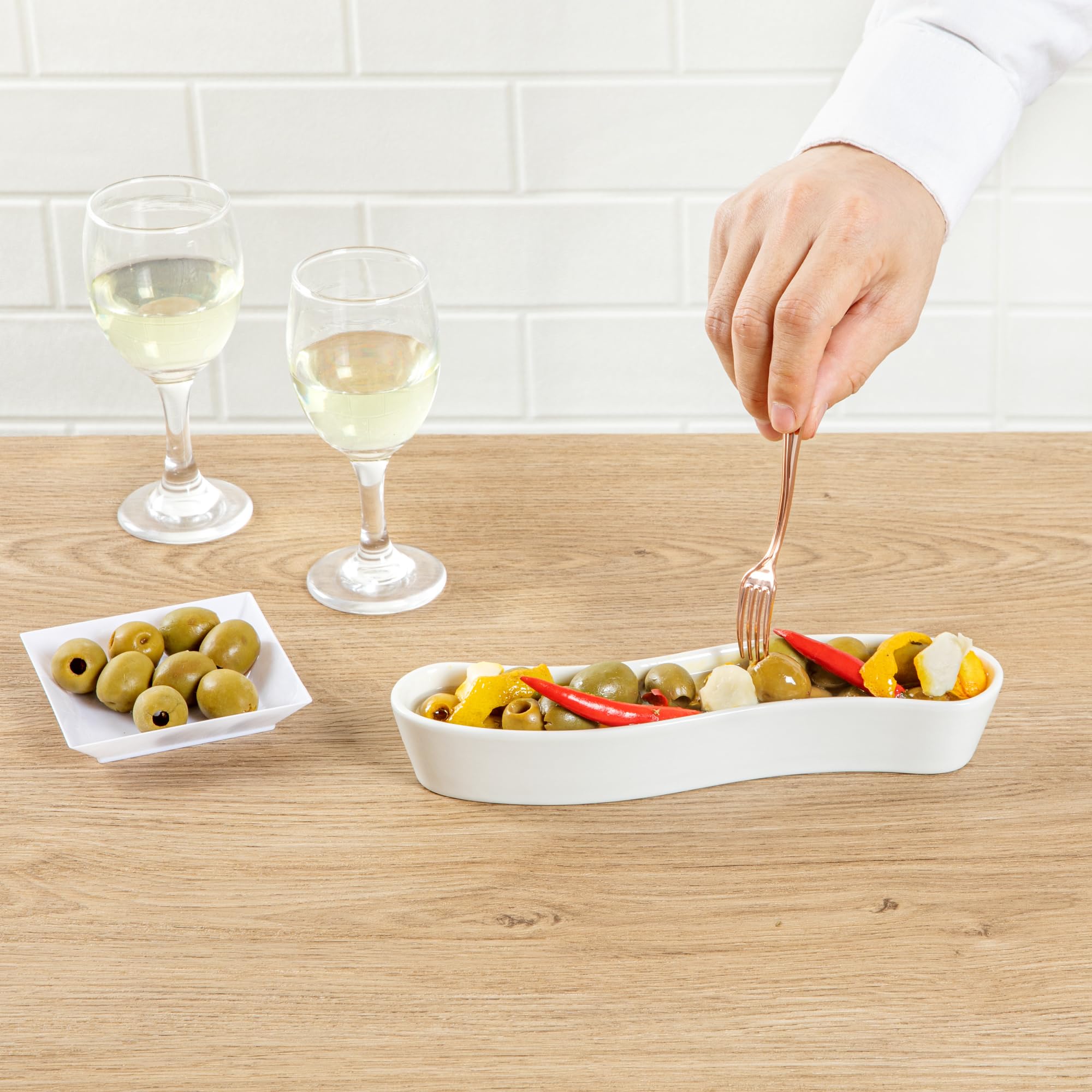 Swerve 6 Ounce Olive Plate, 1 Curved Olive Tray - Large, Chip Resistant, White Porcelain Olive Canoe, Dishwasher Safe, For Snack