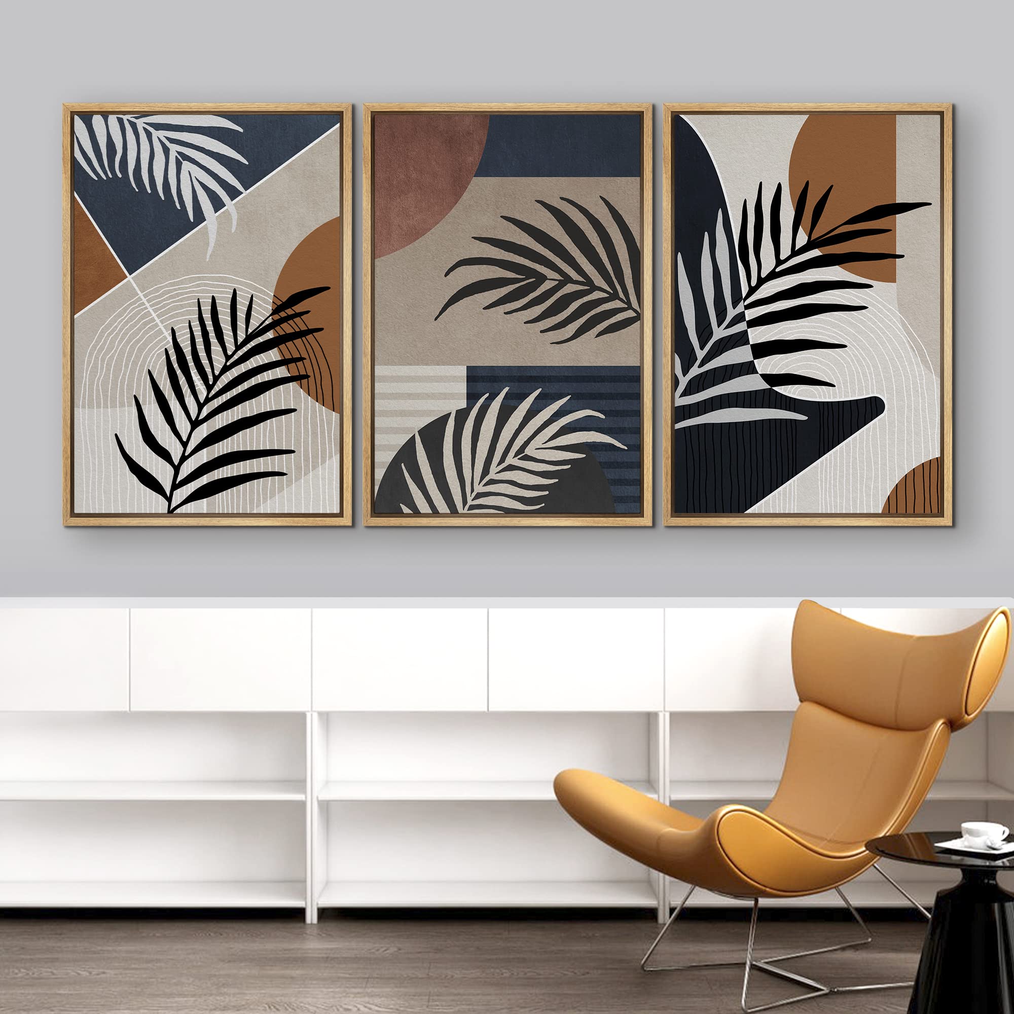 Idea4Wall Framed Canvas Print Wall Art Set Mid-Century Geometric Tropical Palm Leaf Landscape Abstract Nature Illustrations Mode