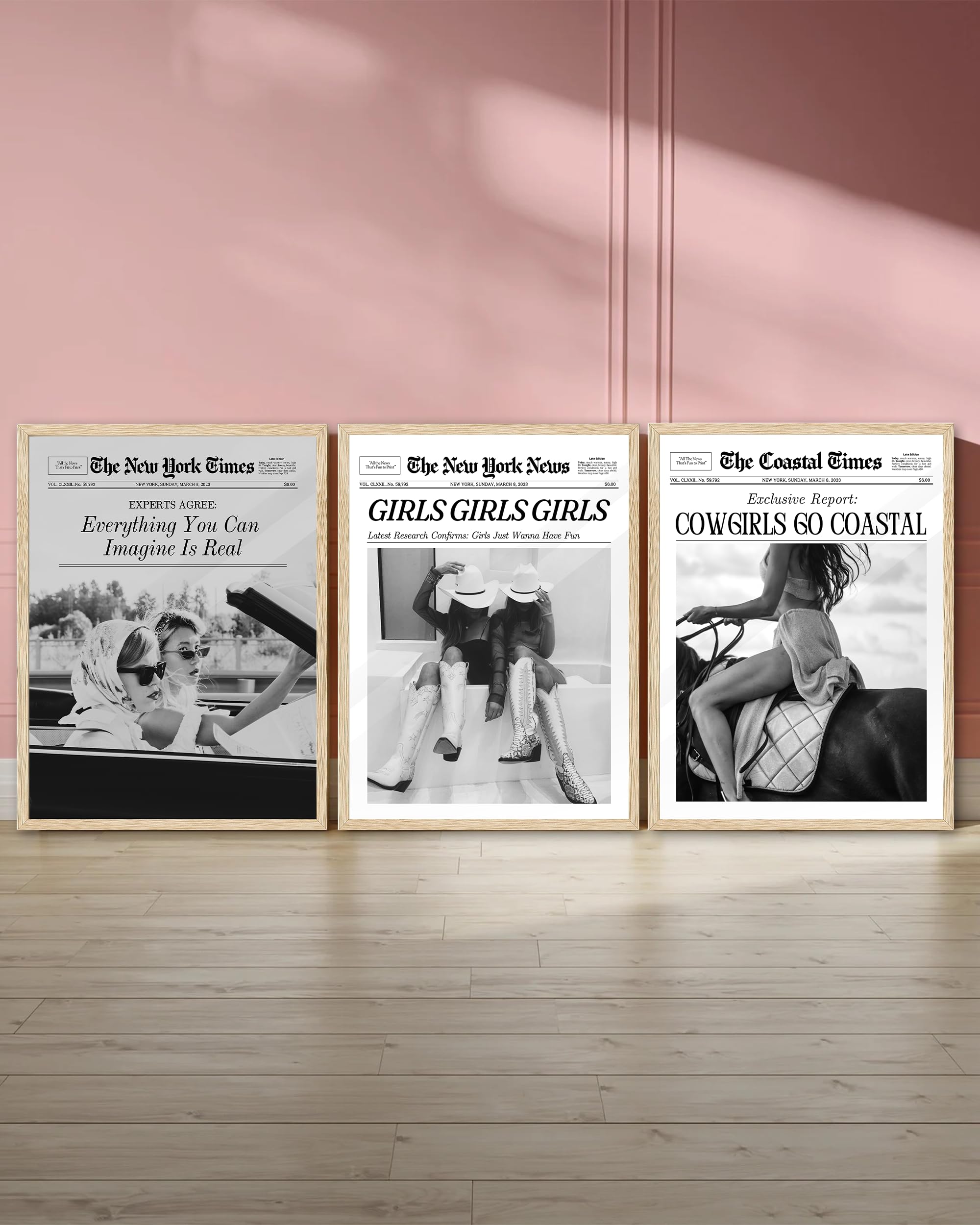 Ihery Girls Just Wanna Have Fun Framed Trendy Cowgirl Newspaper Wall Art, 12X16In Natural Oak Wood Black And White Canvas Wall D
