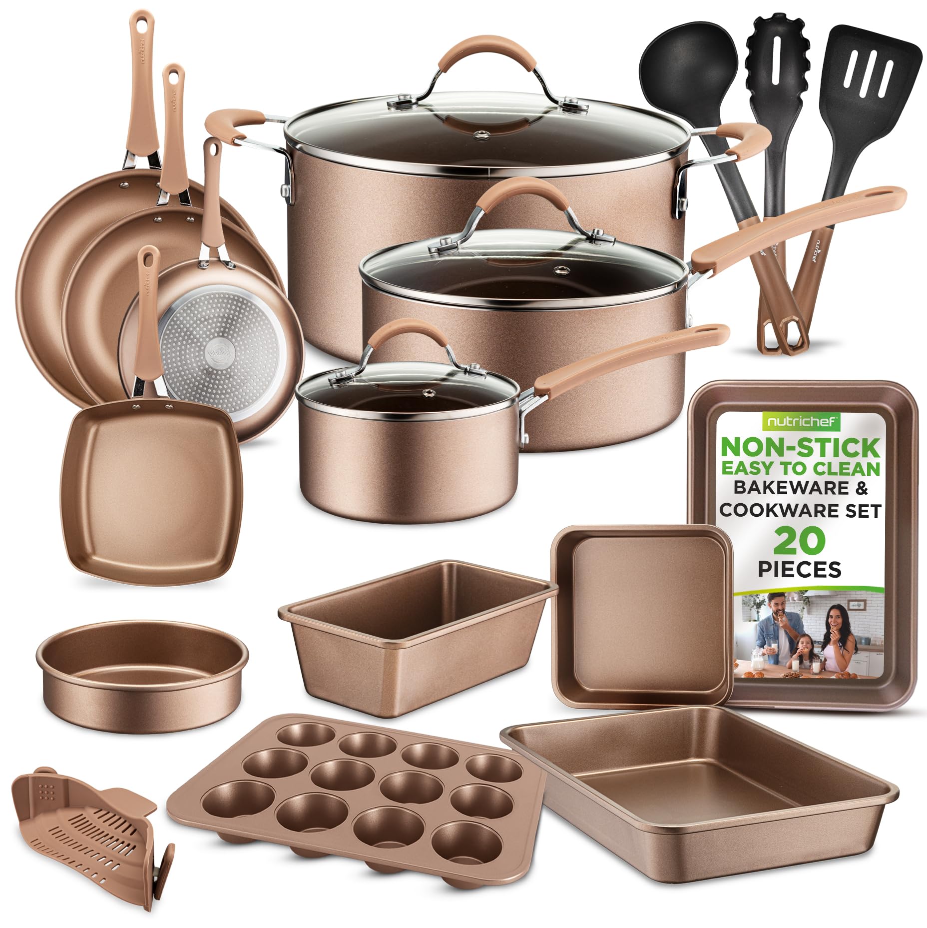 Nutrichef 20 Piece Professional Home Kitchen Cookware and Bakeware, Pots and Pans Set Non Stick Kitchenware, CoolTouch Handles,