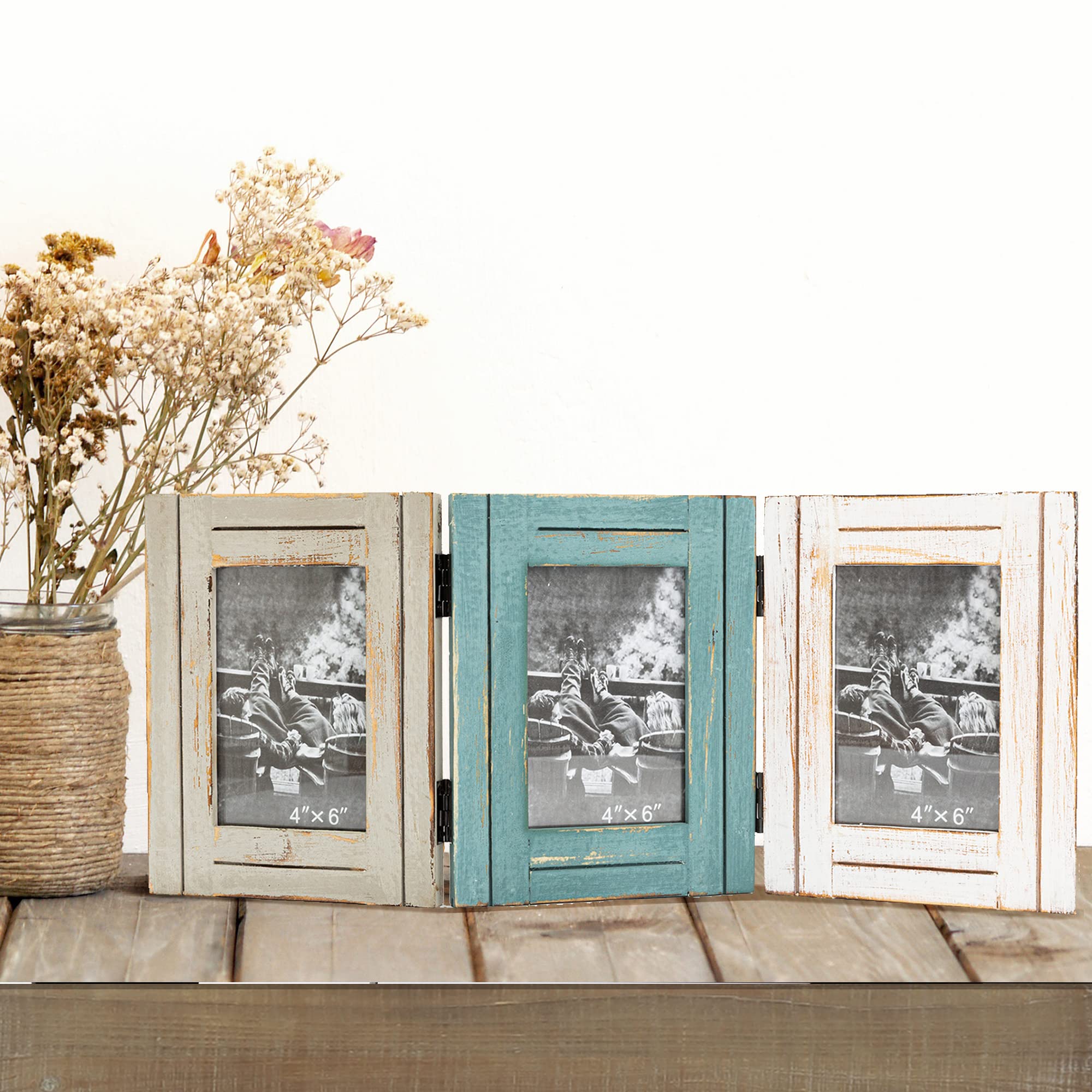 RiteSune Rustic Picture Frame 3 Folding 5X7 Triple Hinged Photo Frame Collage for Home Office Desk, Present for Christmas, New Y