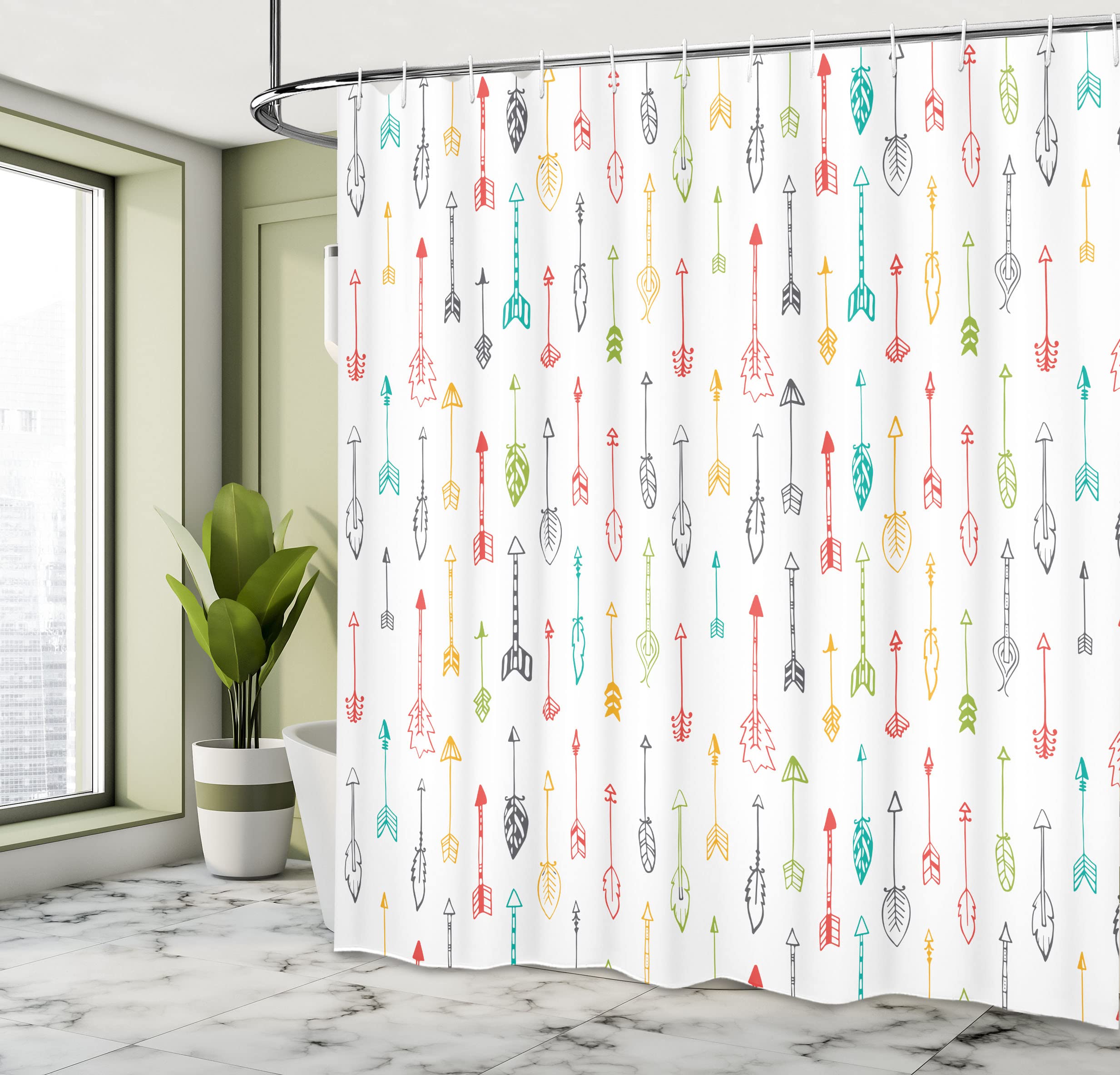 Ambesonne Arrows Shower Curtain, Colorful Hand Drawn Doodle Style Fun Art With Boho Style Arrows Vertical Pattern, Cloth Fabric