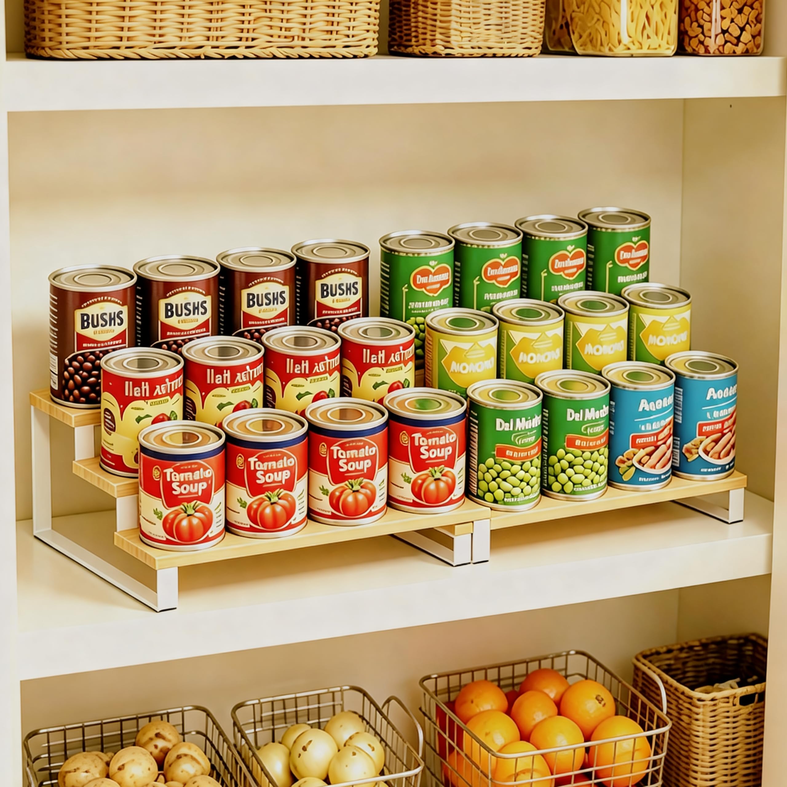 3Tier Expandable Bamboo & Iron Can Organizer, Holds 30 Cans, White