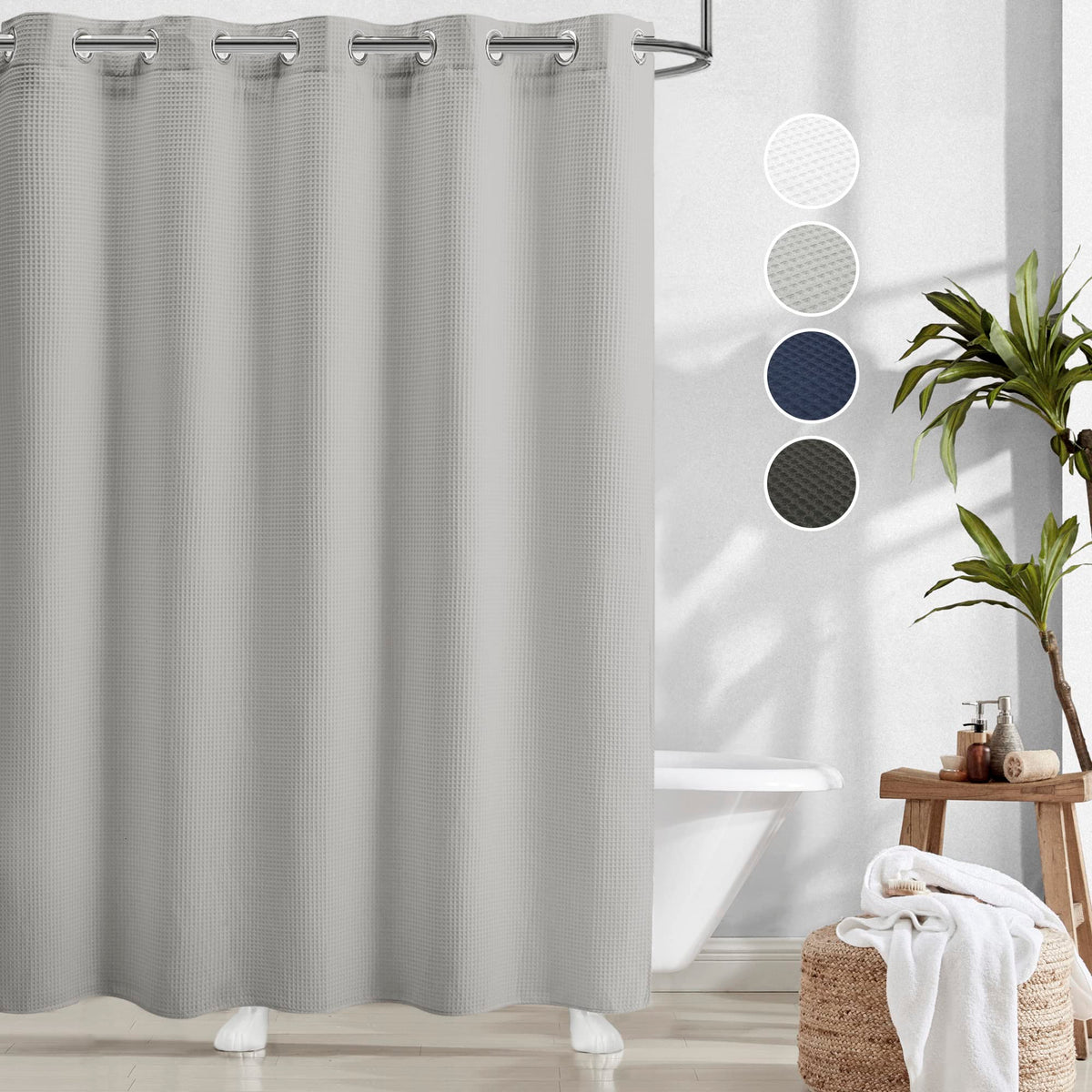 River Dream Grey Waffle Weave Shower Curtain With Snap-In Liner,Cotton Blend Fabric Heavy Duty,No Hooks Needed Shower Curtain Fo