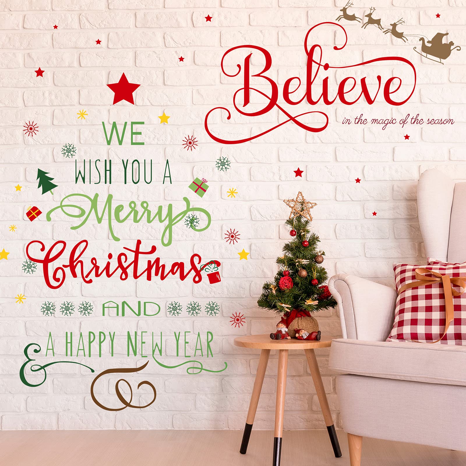 Outus Christmas Decal Stickers New Year Happy Believe Quotes Wall Decals Reindeer Tree Vinyl Art Decor Removable Modern for Part