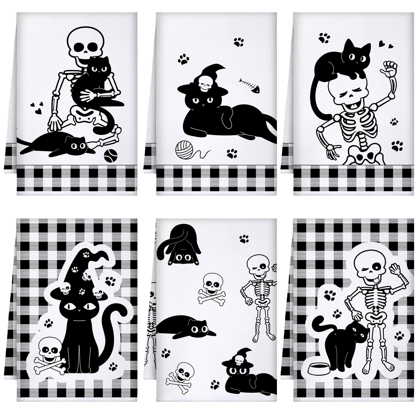 Bencailor 6 Pcs Spooky Christmas Kitchen Towels Cute Skull Black Cat Gothic Christmas Dish Hand Towels Skeleton Tea Washcloth fo