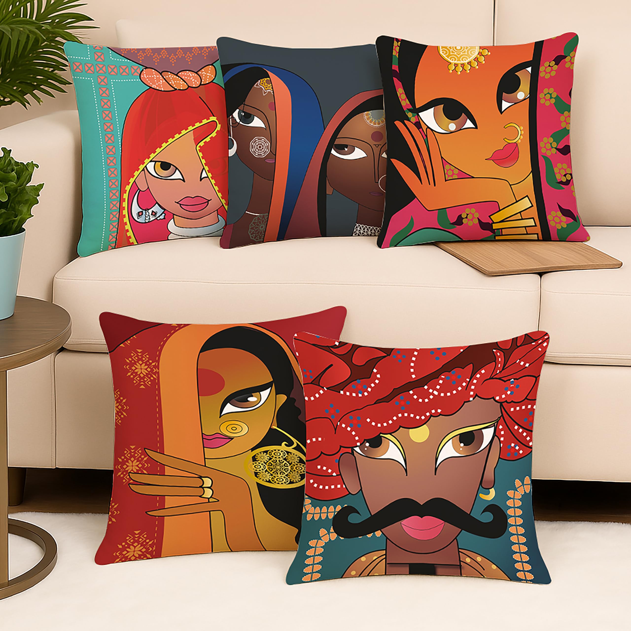Amazon Brand - Umi Rajasthani Culture Printed Polycotton Cushion Covers | Decorative Square Throw Pillow Cases For Sofa, Living 