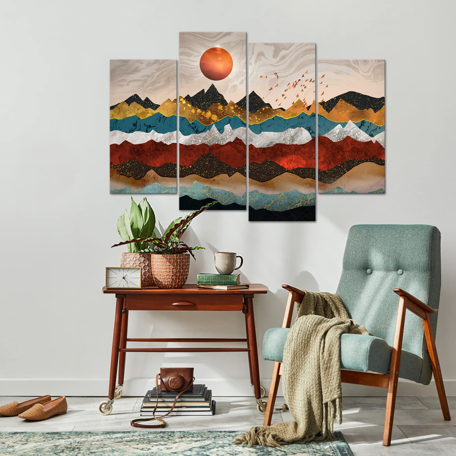 Large 4 Piece Canvas Art The Precious Mountains Colorful Landscape Picture Giclee Prints Nature Wall Art Mid Century Art Wall De