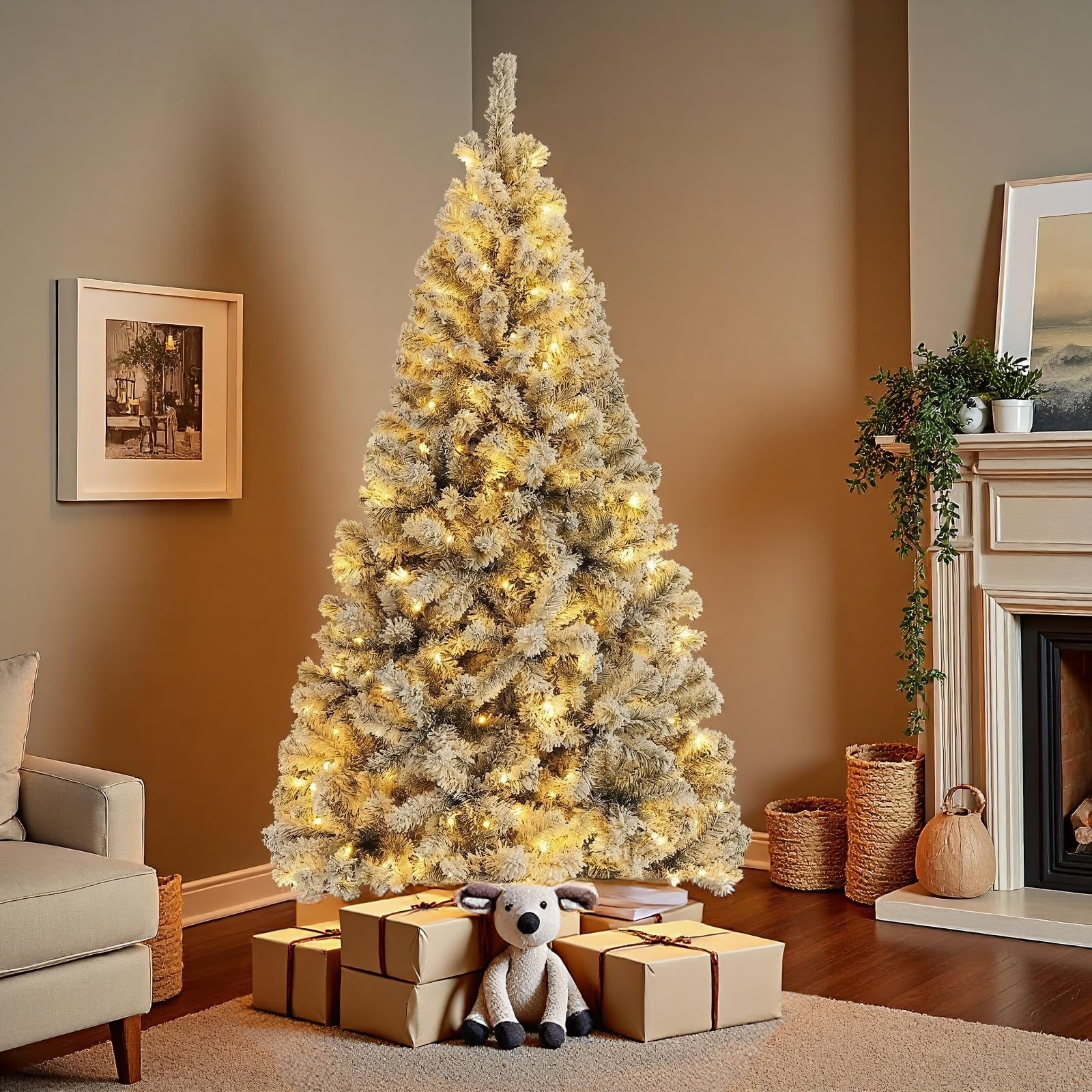 6FT Flocked Green Artificial Christmas Tree with 250 Warm White LED Lights - Pre-Lit Snow Tipped Full Tree for Indoor Holiday Ho