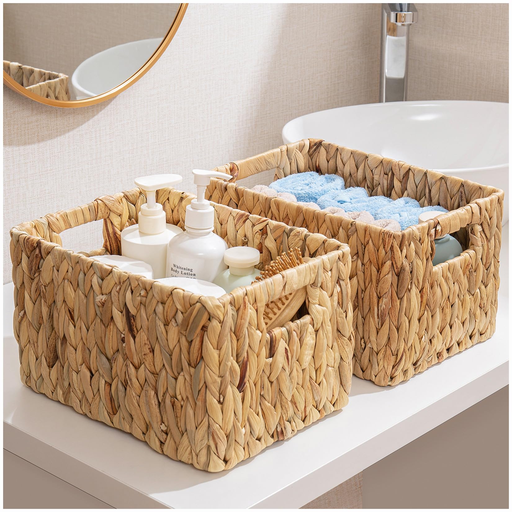 Elong Home Water Hyacinth Wicker Baskets, Rectangular 12'' Wicker Basket 2 Pack, Wicker Basket For Shelves, Woven Storage Basket
