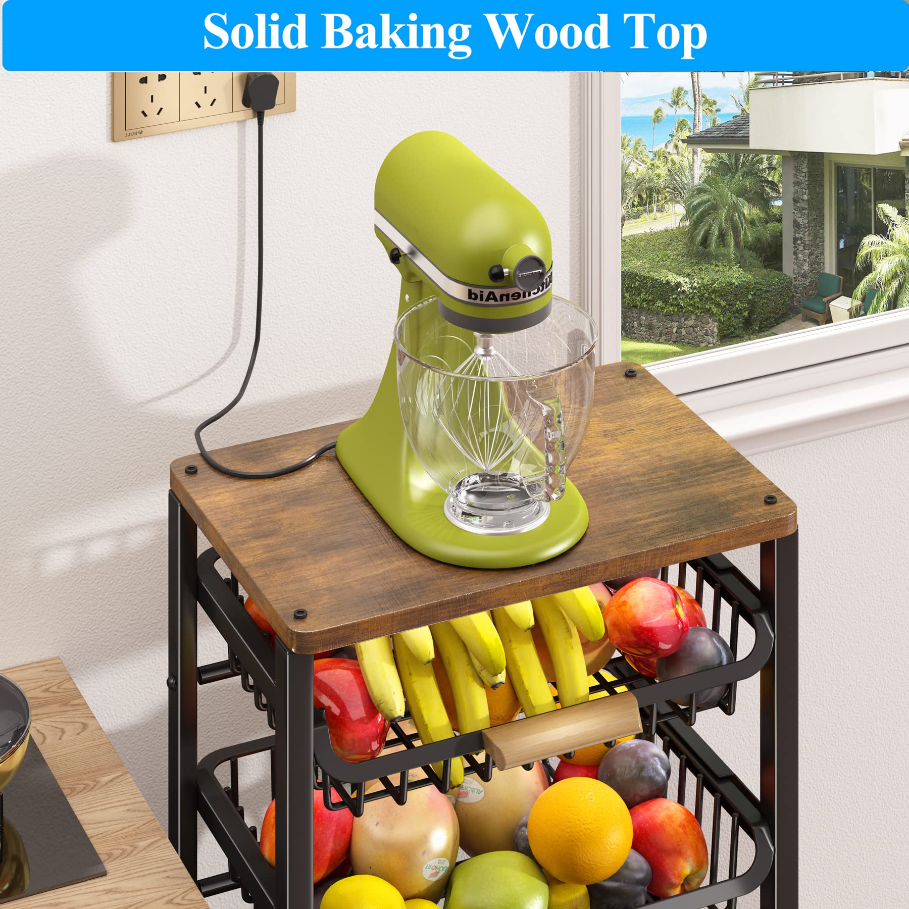 Sayzh Fruit Basket For Kitchen, 5 Tier Large Pull-Out Wire Basket With Wood Top And Wheels, Kitchen Storage Cart For Fruit Veget