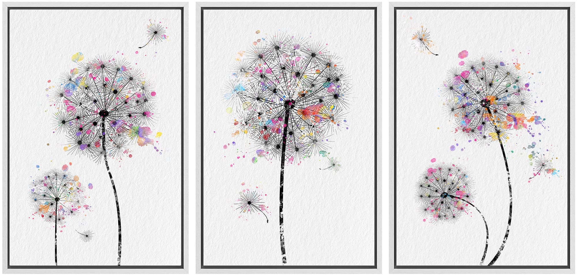 Signwin Framed Canvas Print Wall Art Dandelions & Watercolor Dots Floral Wilderness Drawings Modern Art Rustic Closeup Multicolo