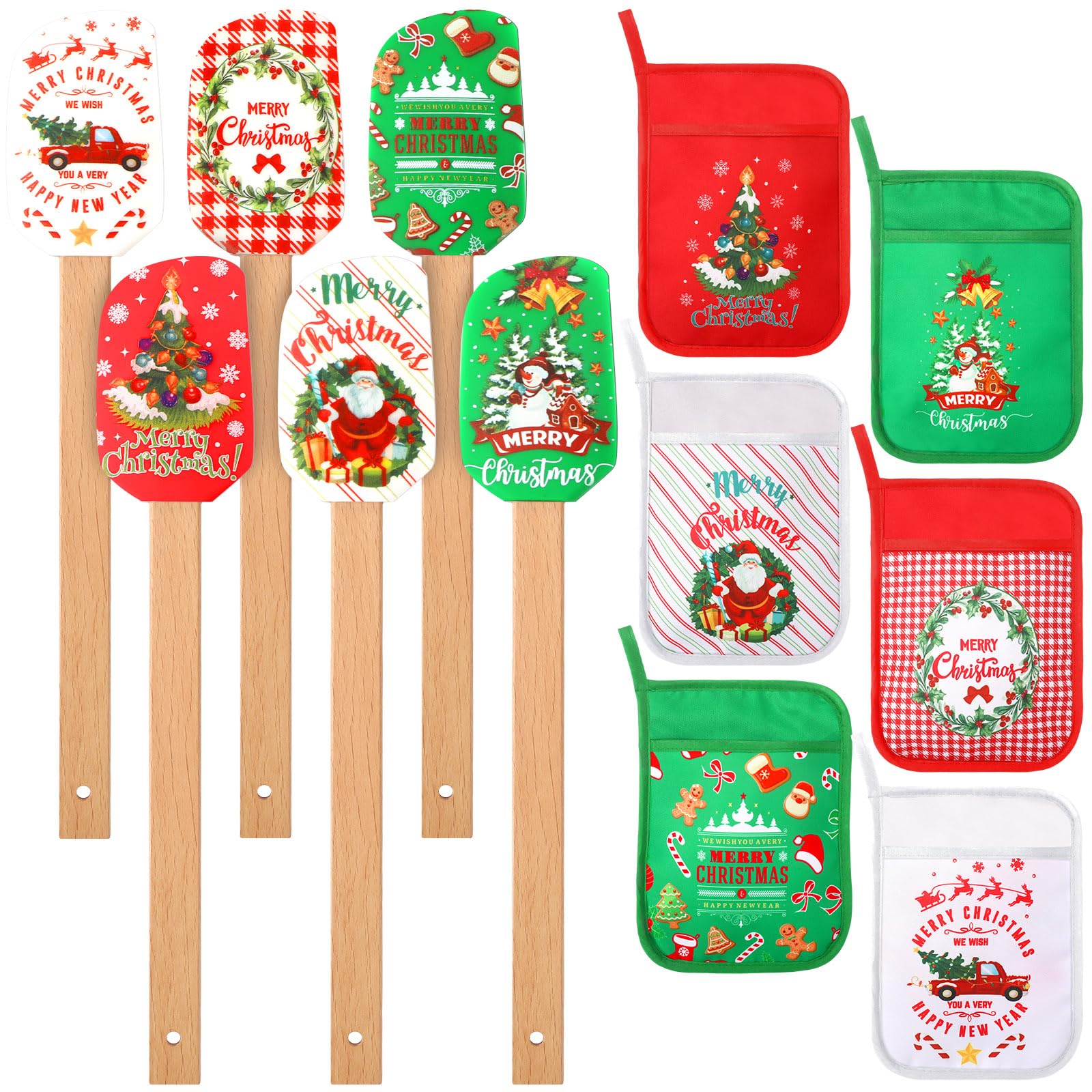 Zhehao 12 Pcs Christmas Silicone Spatulas Pot Holders Set Heat Resistant Pot Holders with Pocket Baking Gifts for Christmas Gift