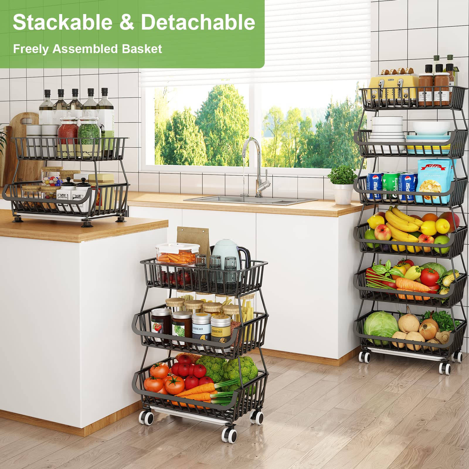 Mchoter 6 Tier Fruit Basket For Kitchen, Fruit And Vegetable Storage Cart Stackable Wire Baskets With Wheels Vegetable Produce B