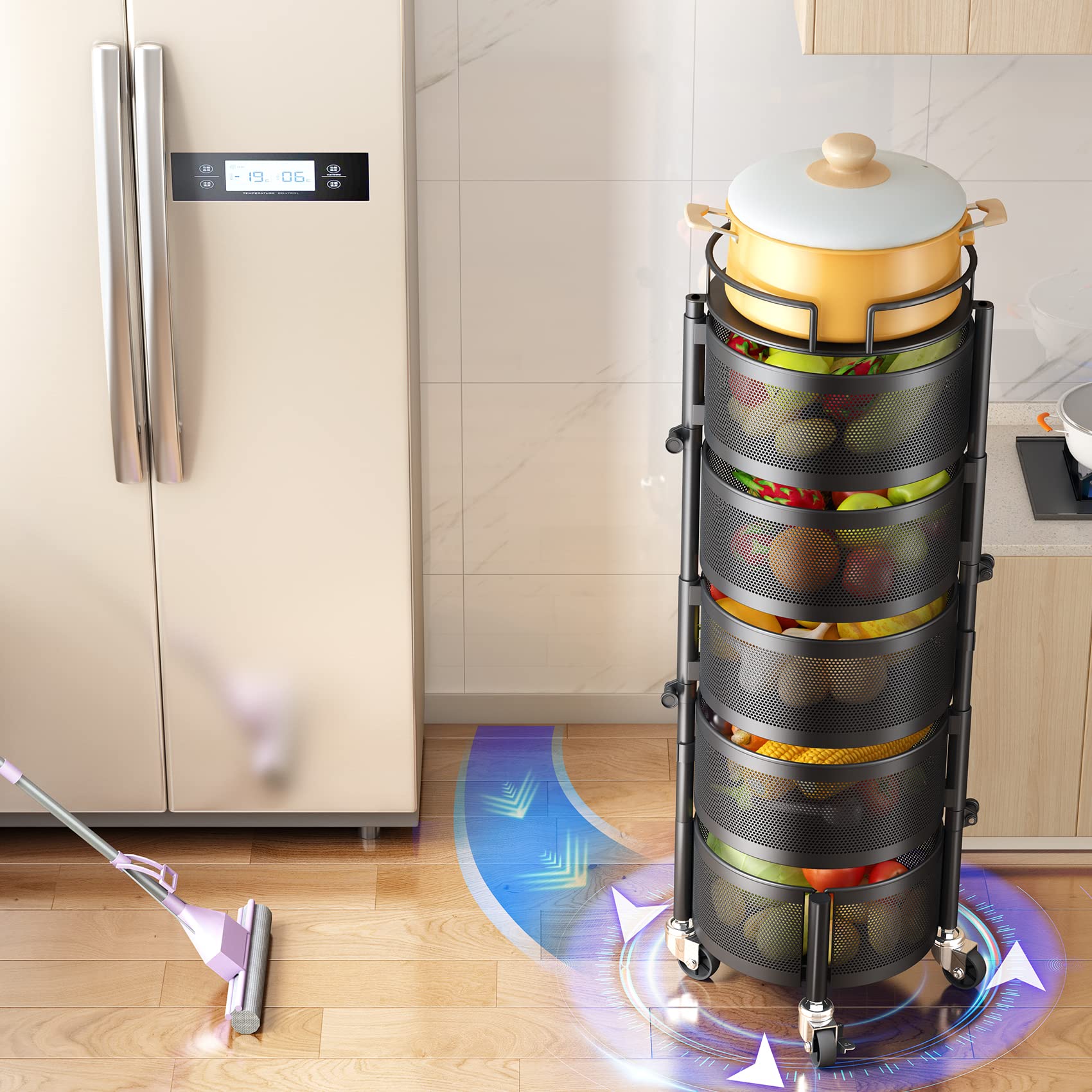 Fruit Vegetable Basket for Kitchen  Rotating Storage Rack  5 Tier Rolling Cart Basket with top lid  Large Metal Wire Basket with Wheels  Black