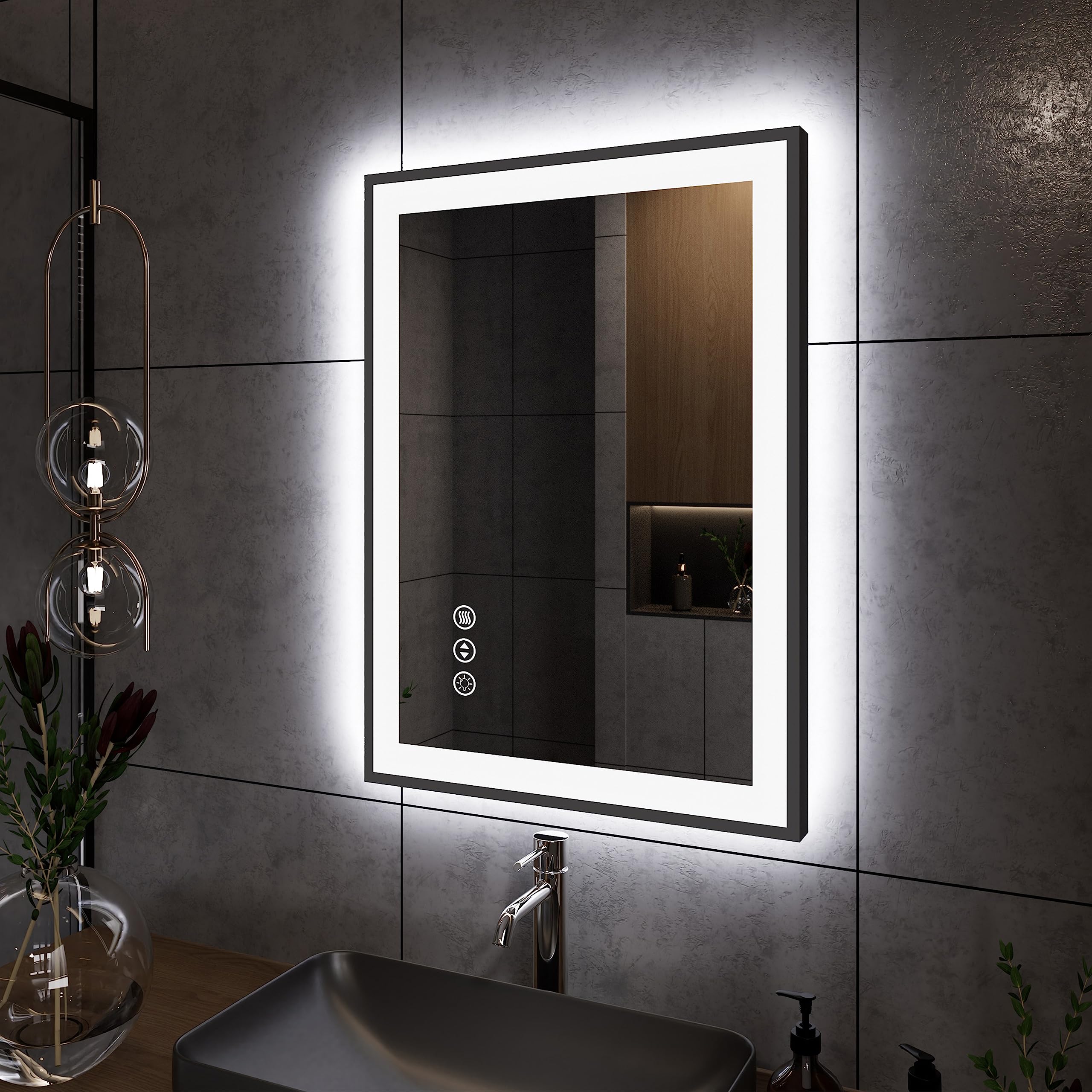 Yamazakura LED Bathroom Mirror 20x28 with Backlit and Front Lighted, Framed Dimmable Illuminated Mirror for Wall Anti-Fog Shatte