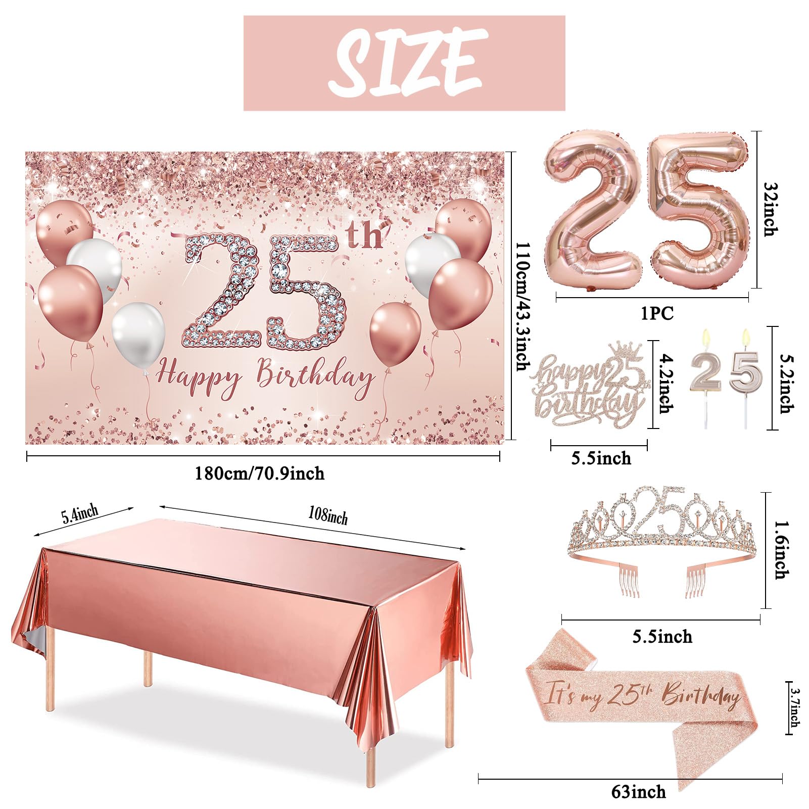 Trgowaul 25Th Birthday Decorations Party Set For Girls, Rose Gold 25 Birthday Banner And Tablecloth, 25 & Fabulous Sash And Tiar