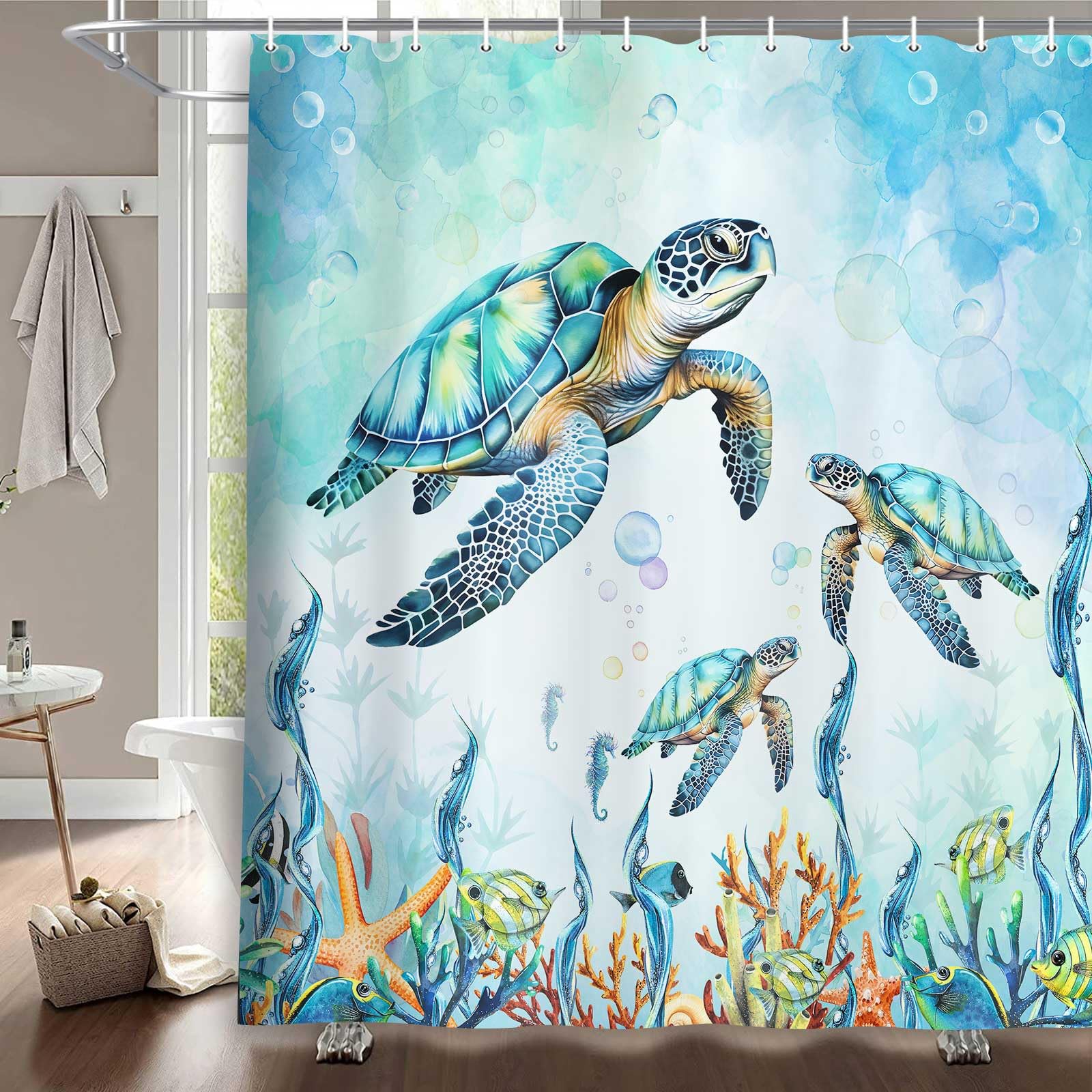 Merchr Sea Turtle Shower Curtain Coastal Beach Decoration Nautical Shower Curtains For Bathroom, Blue Ocean Teal Fabric Bath Cur