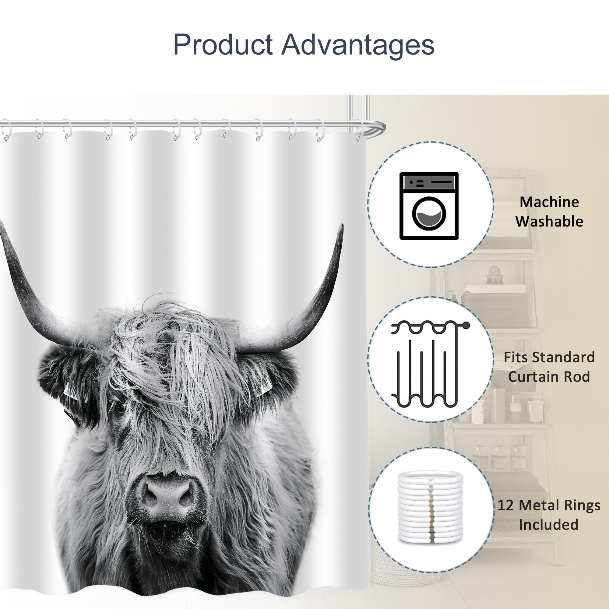 Ambzek Highland Cow Shower Curtain 72Wx84L Inch Bull Western Country Farmhouse Cattle Animal Wildlife Extra Long Large Funny Cut