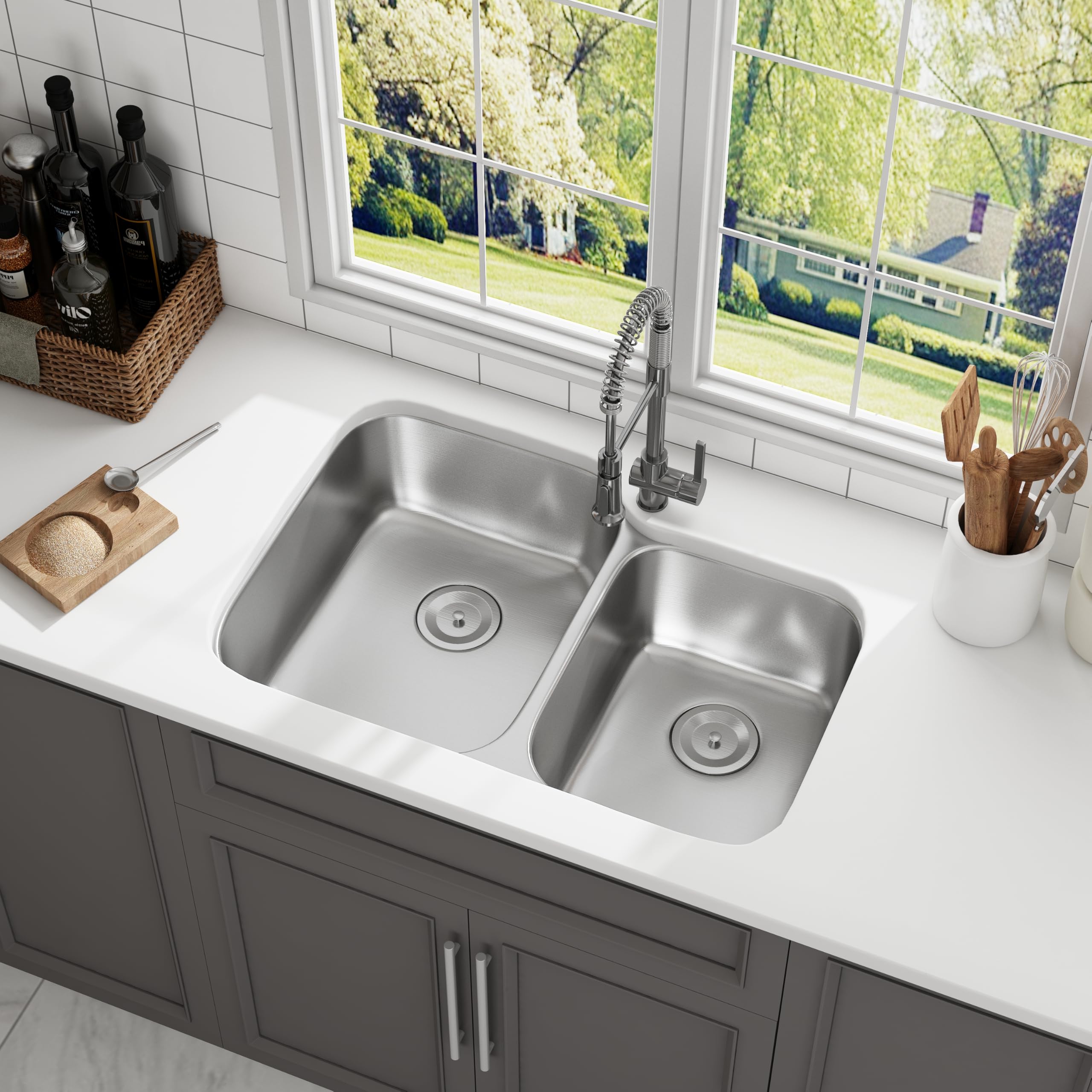 Joviprime 32 Inch 60/40 Double Bowl Kitchen Sink Undermount 18 Gauge Stainless Steel Double Bowl Sinks With Strainer