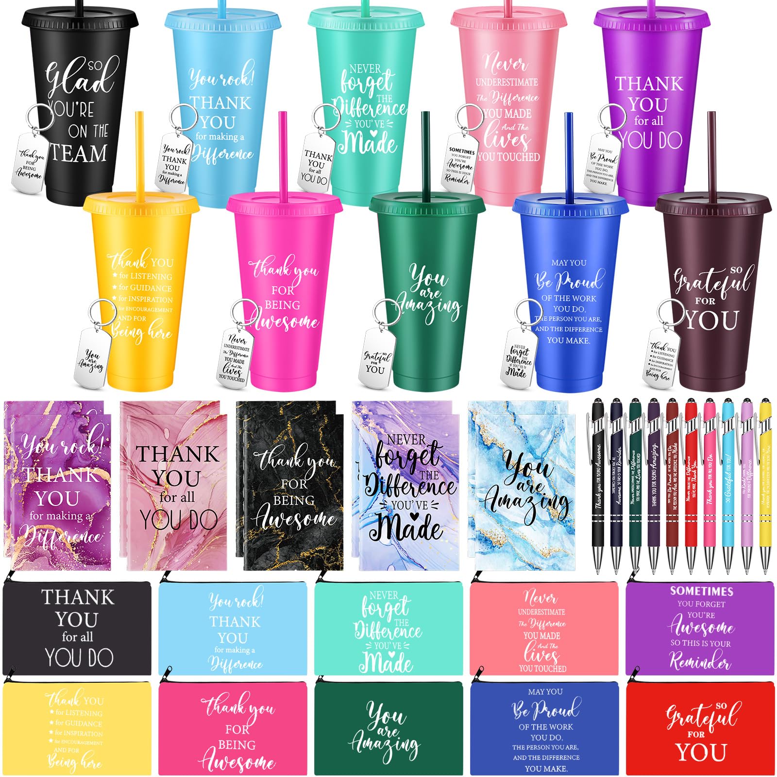 Funnymoom 50 Pcs Employee Appreciation Gift for Women 24 oz Thank You Plastic Tumbler with Inspirational Notepads Ballpoint Pens