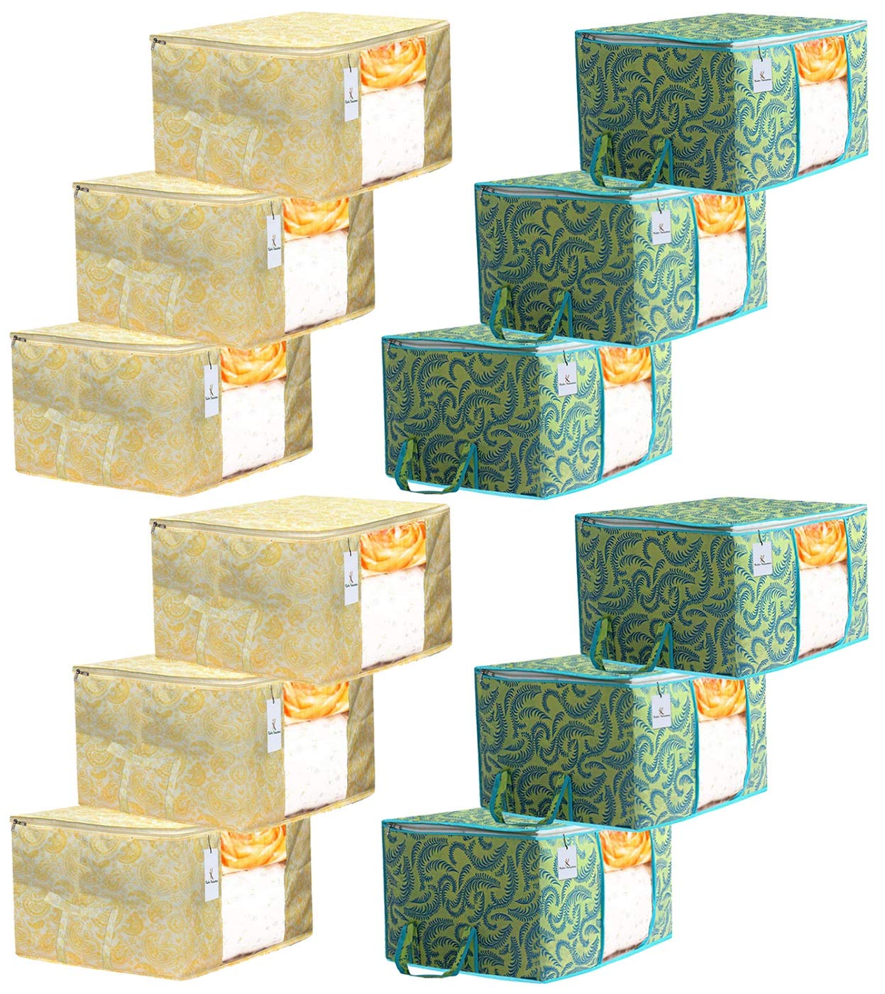 Kuber Industries Metalic Printed 12 Piece Non Woven Fabric Underbed Storage Bag,Cloth Organiser,Blanket Cover With Transparent W