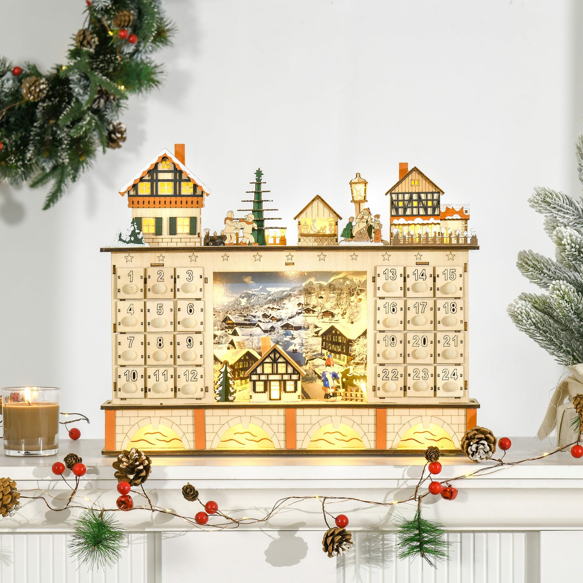 HOMCOM Christmas Advent Calendar, Light Up Table Xmas Wooden Store Holiday Decoration with Countdown Drawer, Village, for Kids a