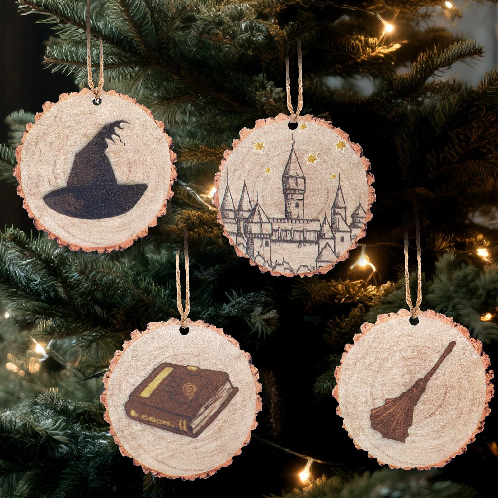 Soulchen 12 Pcs Magical Wizard Christmas Decor Wizard Magic Christmas Tree Hanging Ornaments Wooden Vintage Magic Hat Book Castl