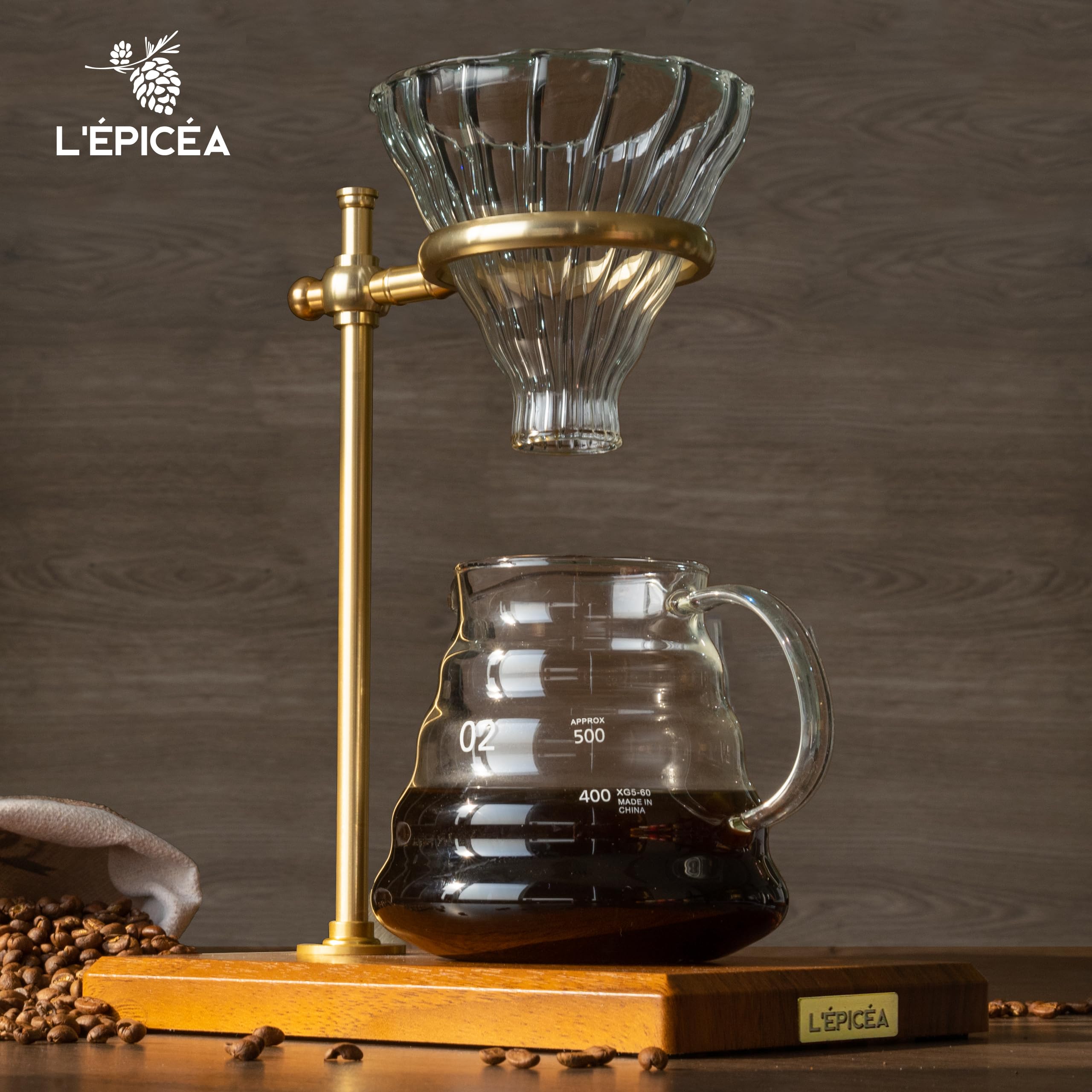 L'ÉPICÉA Pour Over Coffee Maker Set - Borosilicate Glass, Brass Adjustable Stand, Wooden Base, Includes Paper Filters, One Size