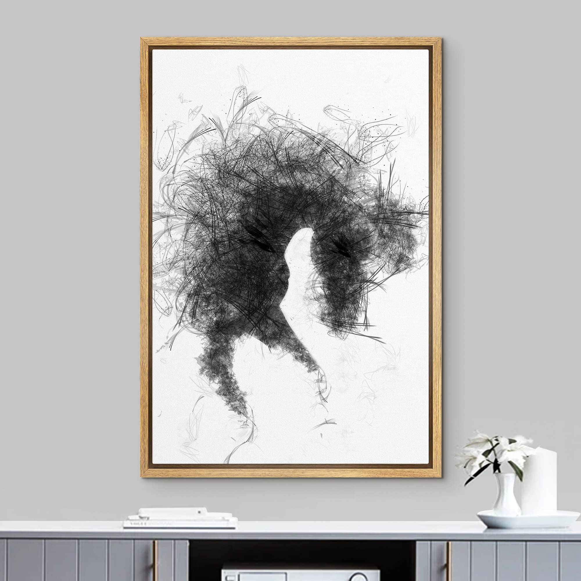 Idea4Wall Framed Canvas Print Wall Art Black Smoke & Scribble Effect Horse Portrait Animals Wildlife Illustrations Modern Art Ch