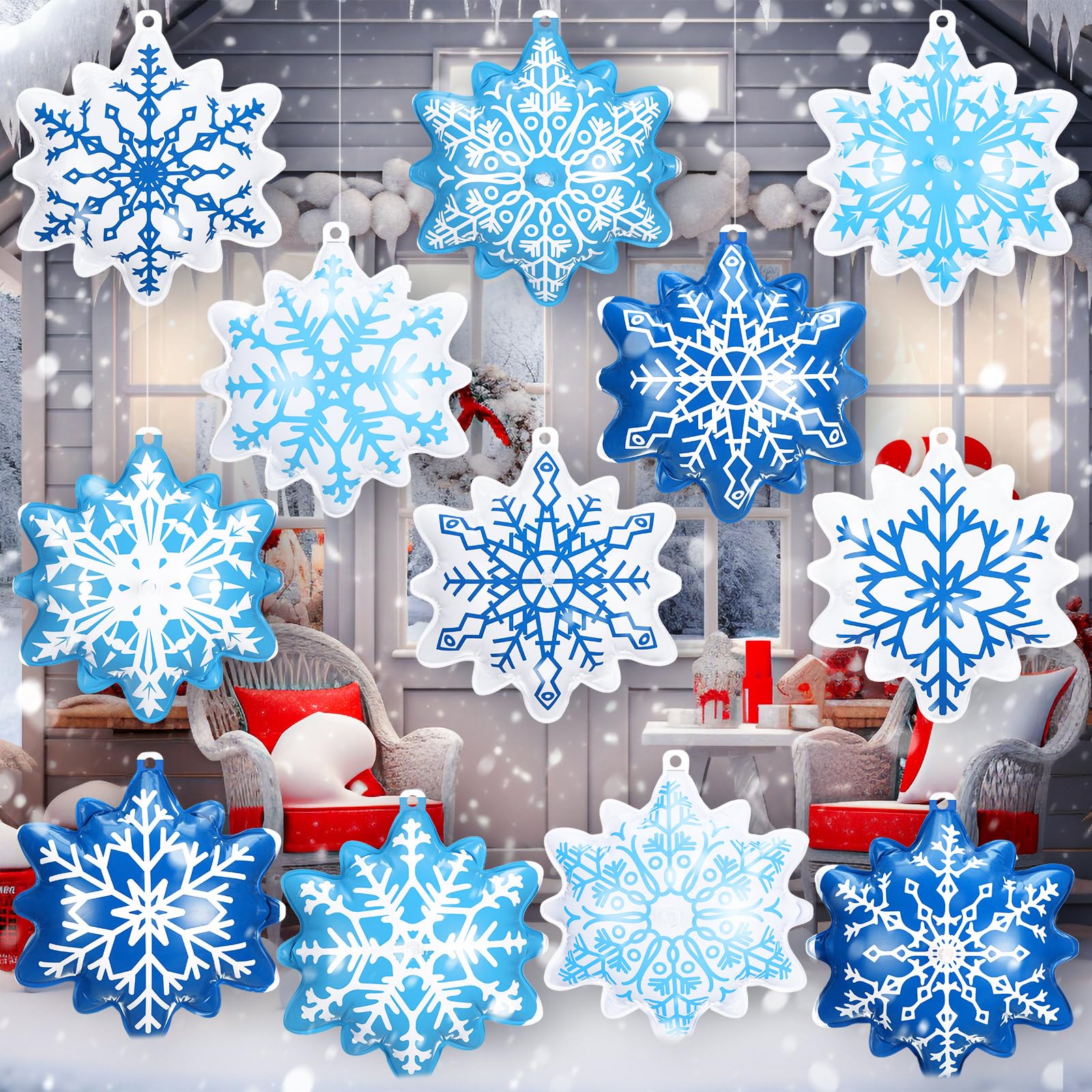 Jetec 12 Pcs Christmas Inflatable Balls 12 Inch Light Up Giant Snowflake Inflatable Christmas Decorations PVC Blow Up Xmas Large