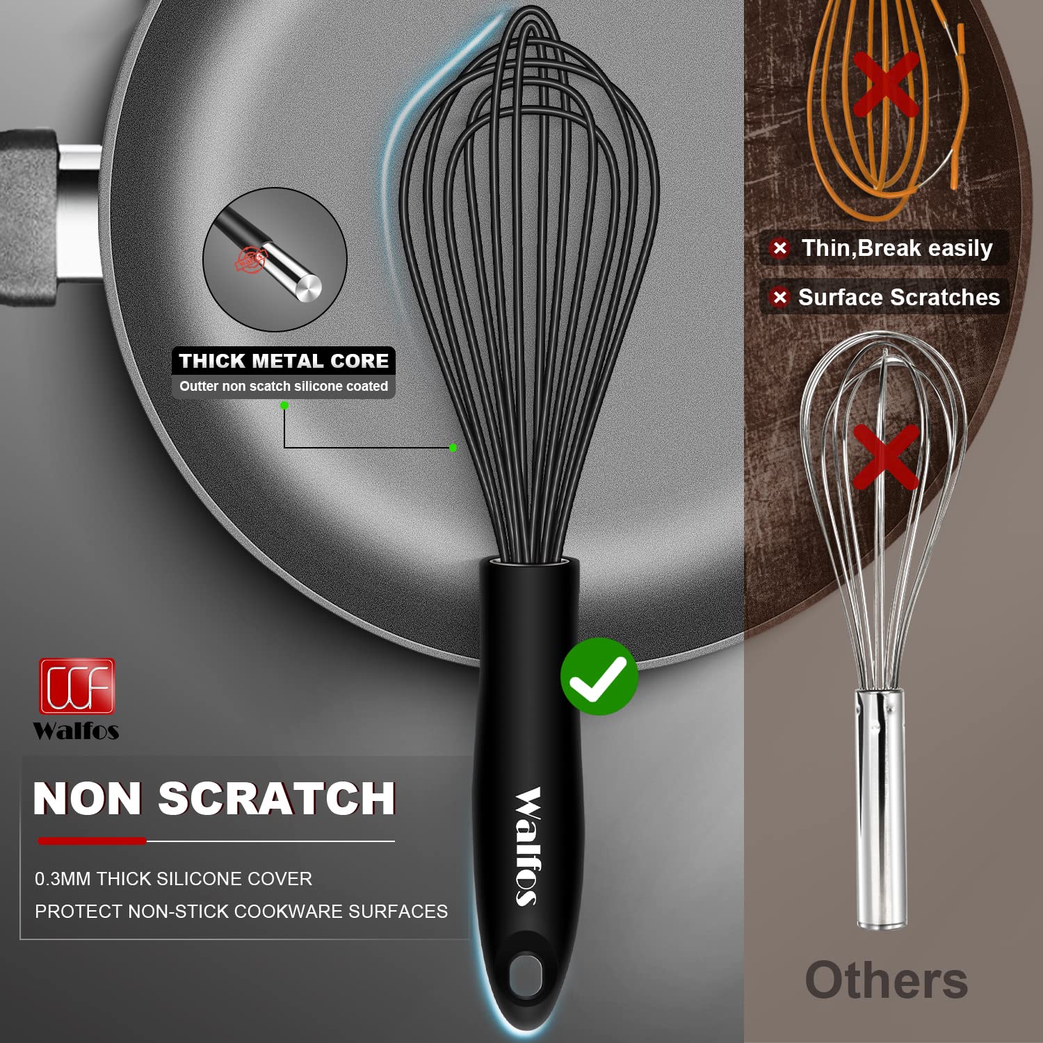 Walfos Silicone Whisk,Stainless Steel Wire Whisk Set Of 3 -Heat Resistant 480F Kitchen Whisks For Non-Stick Cookware,Balloon Egg