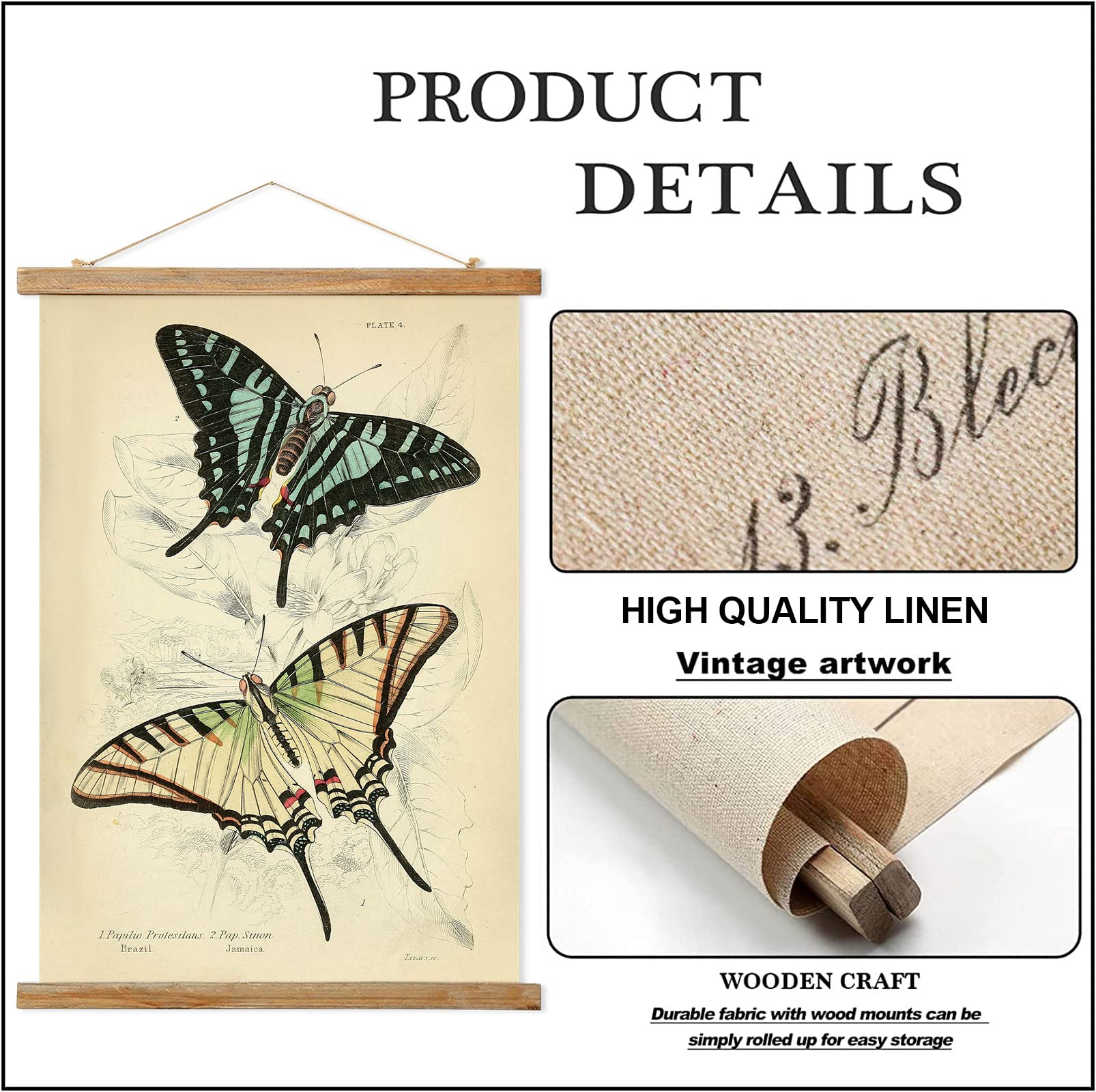 Retro Butterfly Poster Hanger Frame, Retro Style Wall Art Prints, Printed On Linen With Natural Wooden Frames, For Living Room O