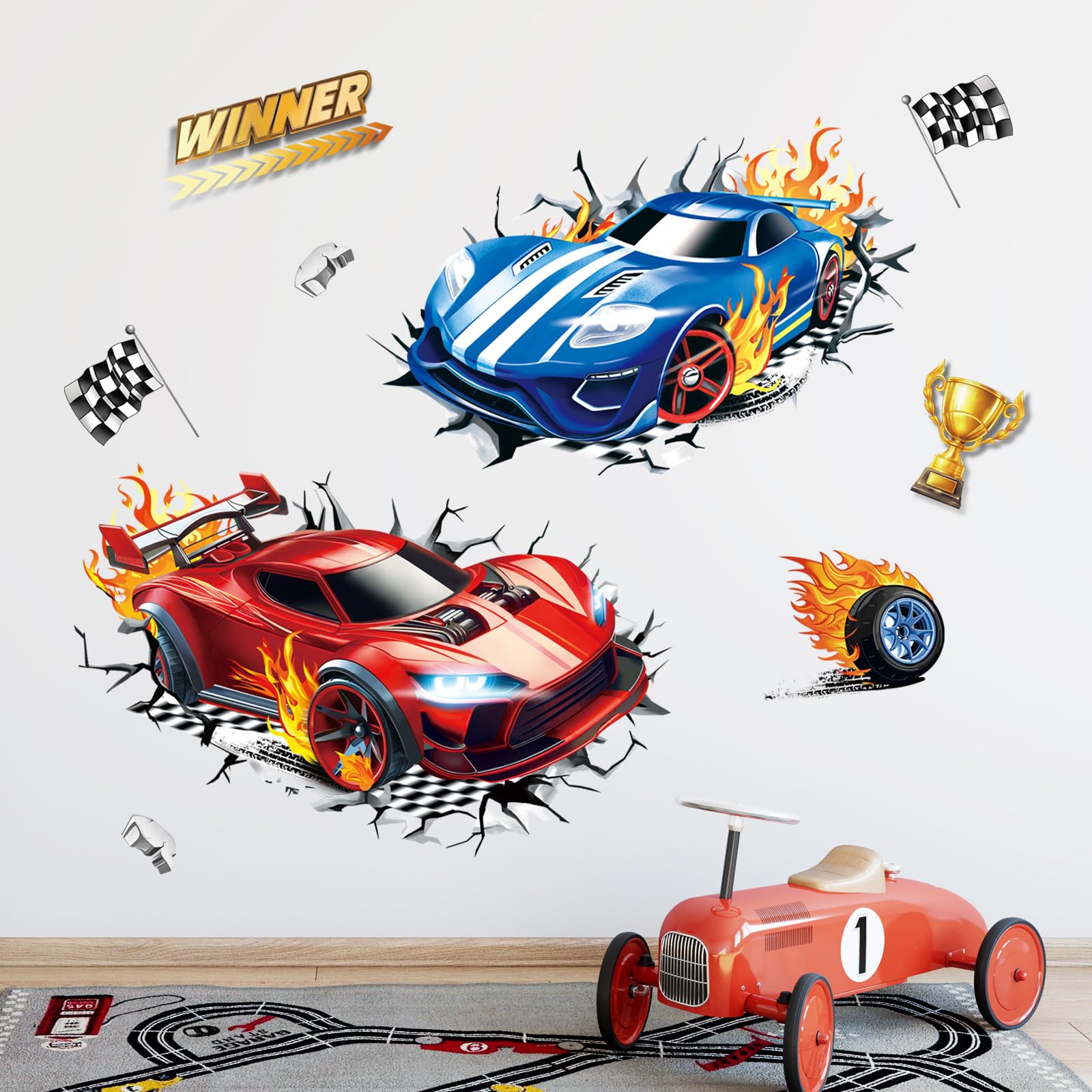 FUFUQUARE 3D Racing Car Wall Stickers Break Through Transportation Vehicle Wall Decals Peel and Stick Kids Boys Bedroom Nursery 