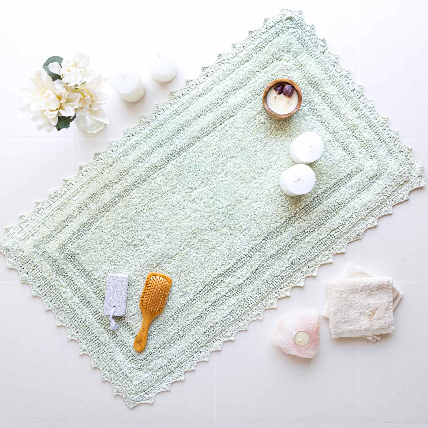 RAJRANG BRINGING RAJASTHAN TO YOU Bath Rug for Bathroom Kitchen Spa with Crochet Cotton Absorbent Soft Reversible Woven Bath Mat Meadow Mist Rectangle 34x21 Inches