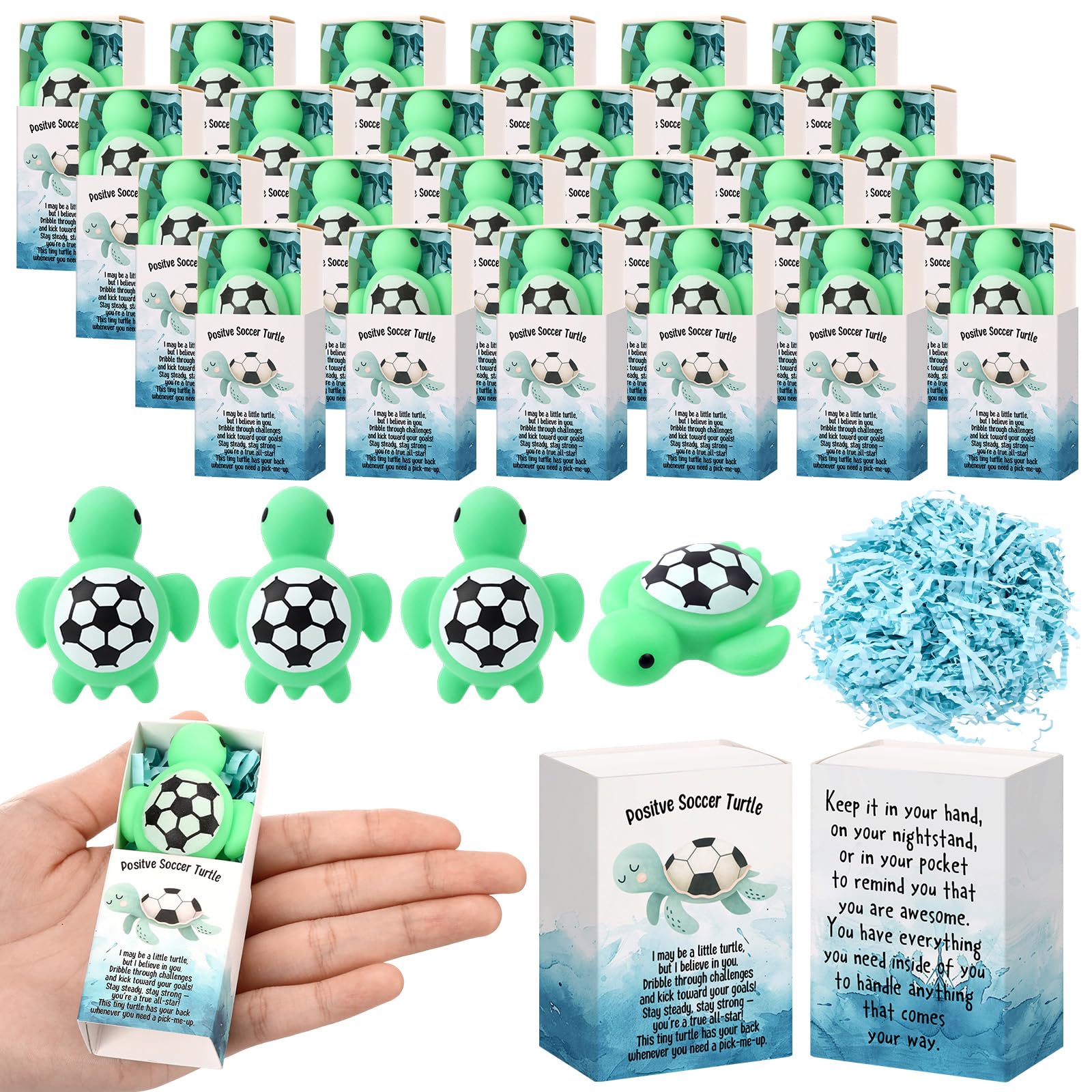Wettarn 25 Sets Soccer Gifts Positive Stress Balls with Support Boxes for Soccer Team Party Favors Basket Fillers Turtle Desk De