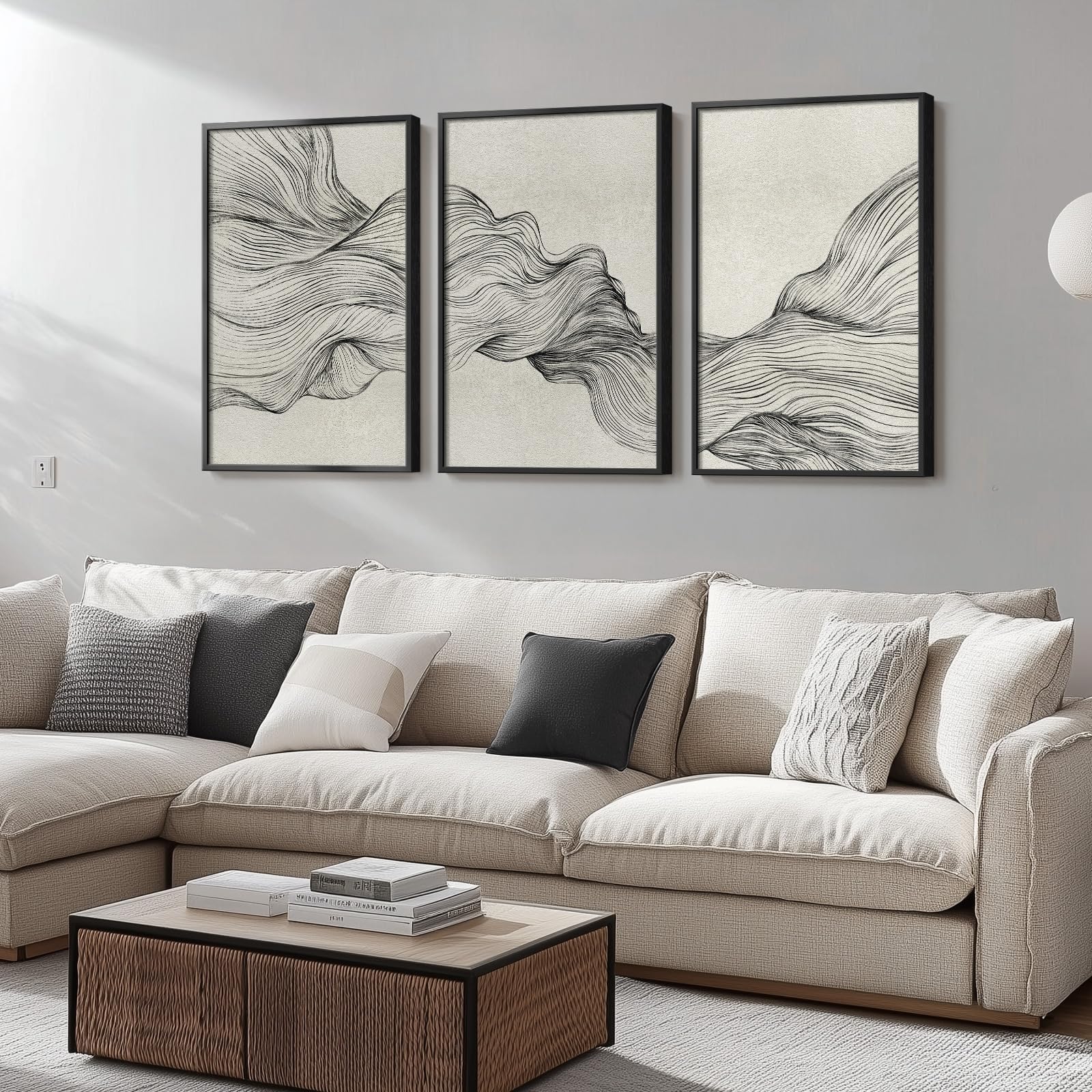 Large Framed Black And White Abstract Wall Art For Living Room, 3 Piece Modern Canvas Prints Paintings For Walls, Minimalist Bla